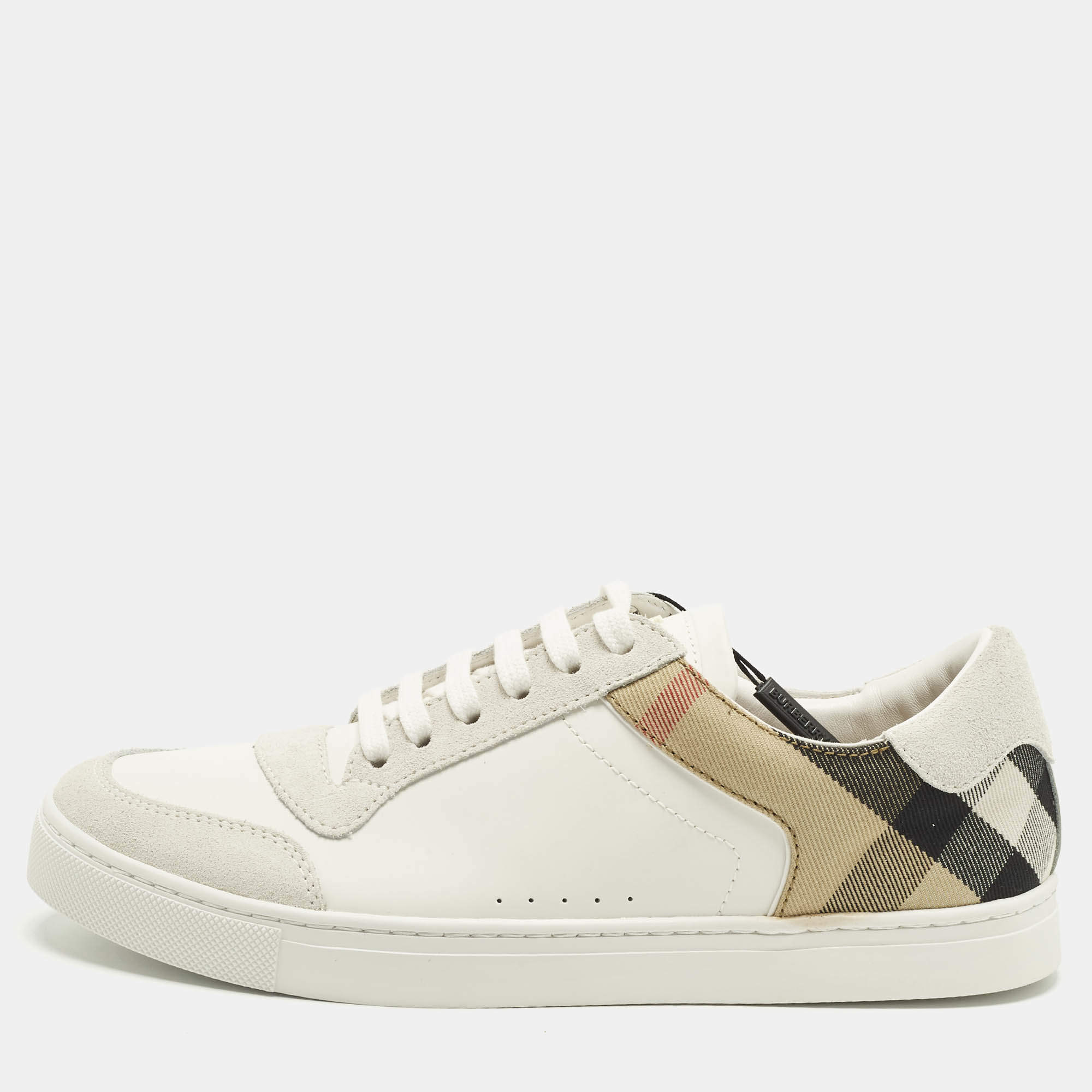Pre Owned Burberry Beige Nova Check Canvas And White Leather Lace Up Sneakers Size 41