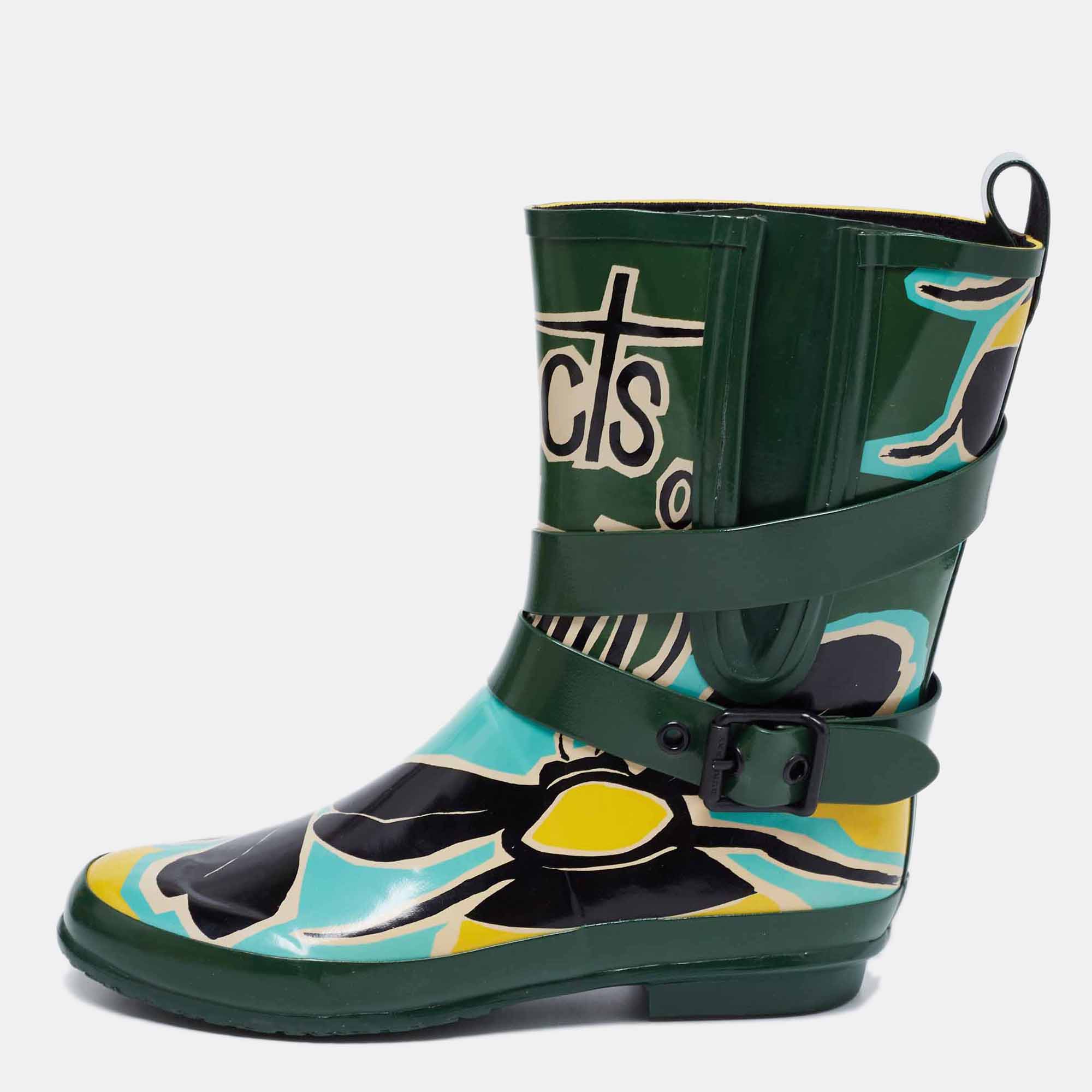 Burberry Multicolor Insects of Britain Rubber Belted Rainboots Size 37