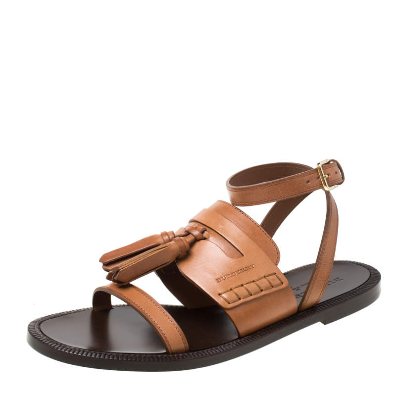 Burberry Cognac Brown Leather Bethany Tassel Detail Flat Sandals Size ...