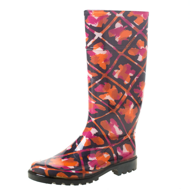 Pre Owned Burberry Multicolor Floral Geometric Rubber Carleton Rain Boots Size 37