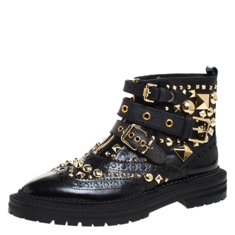 Pre Owned Burberry Black Studded Leather Everdon Ankle Boots Size 40