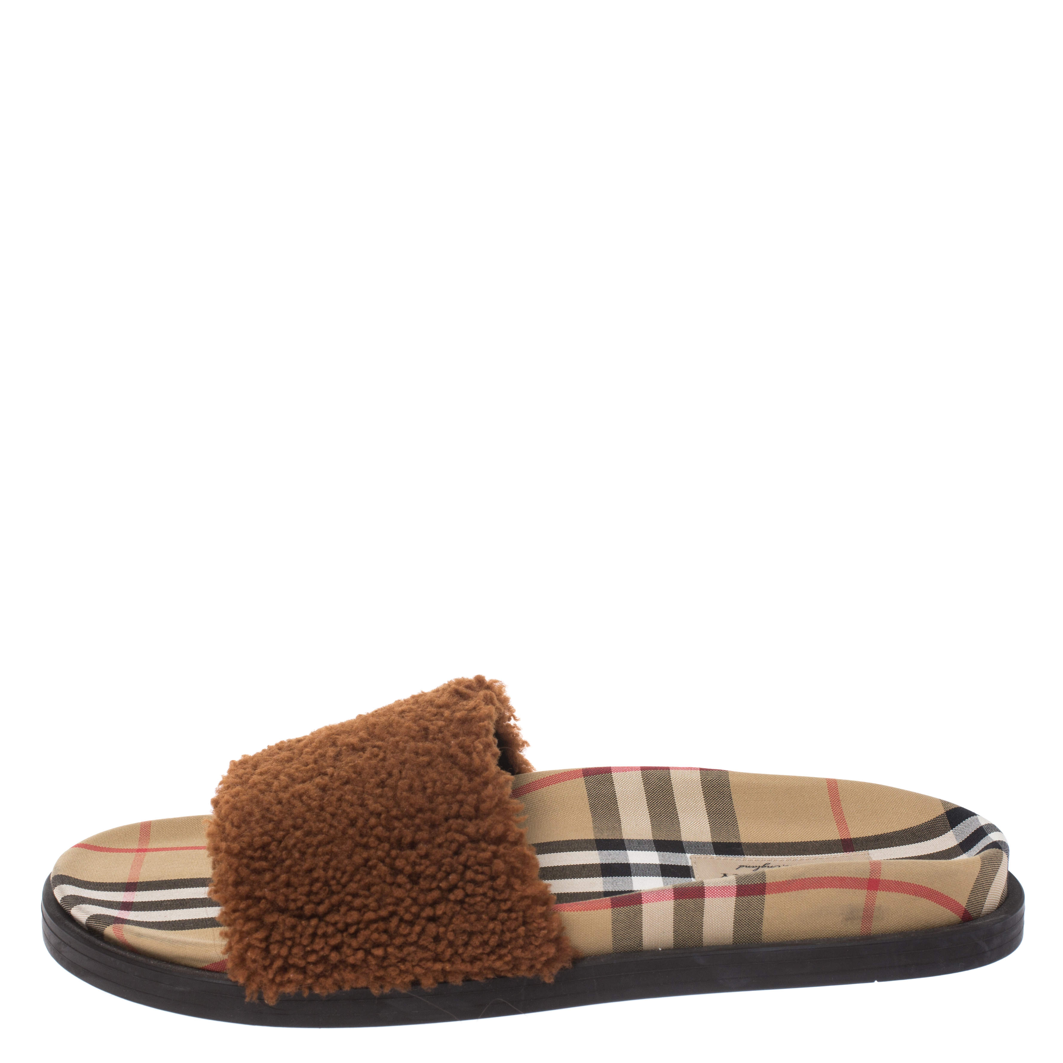 Burberry Brown Shearling And Vintage Check Canvas Kencot Flat Slides Size  40 Burberry | TLC