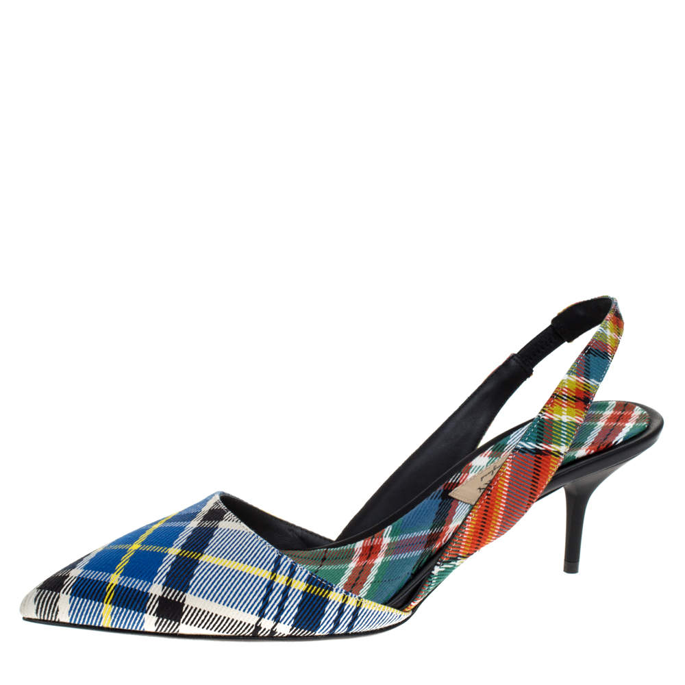 Pre Owned Burberry Multicolor Check Canvas Annice Tartan Slingback Sandals Size 39.5