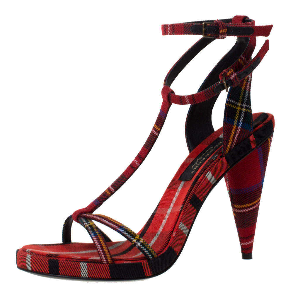 Pre Owned Burberry Red Novacheck Canvas Hans 110 T Strap Sandals Size 39