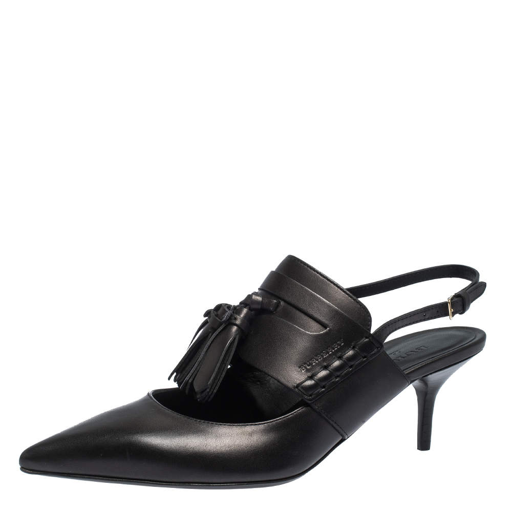 Pre Owned صندل بربري فتحة كعب تفاصيل شراشيب مقدمة مدببة قصة كولبرت جلد أسود مقاس 39