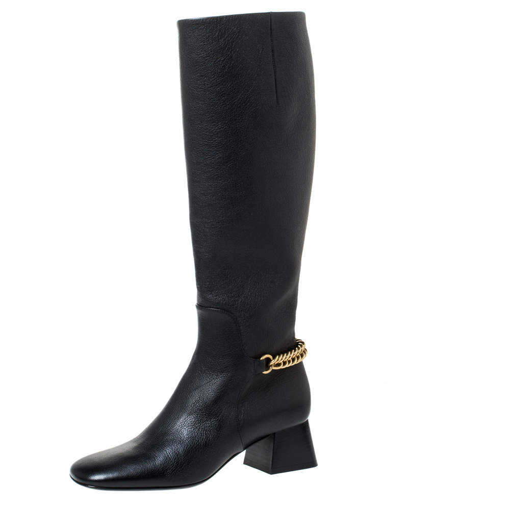 Pre Owned Burberry Black Leather Chain Embellished Knee High Boots Size 37