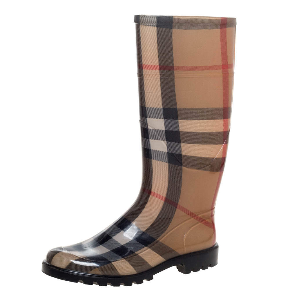 مملوكة مسبقًا Burberry Brown Nova Check Rubber Rain Boots Size 37