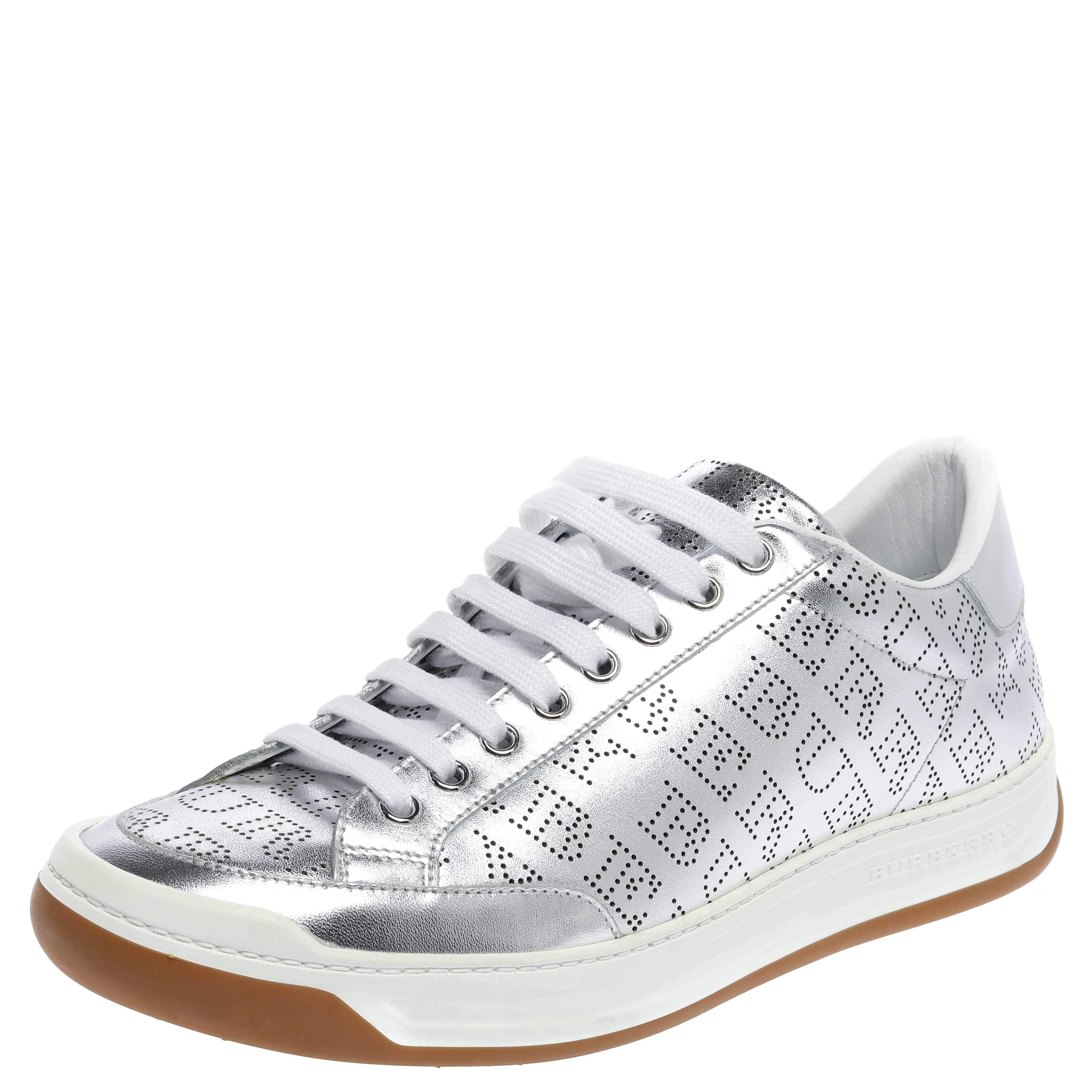 Burberry Silver Perforated Leather Timsbury Low Top Sneakers Size 41