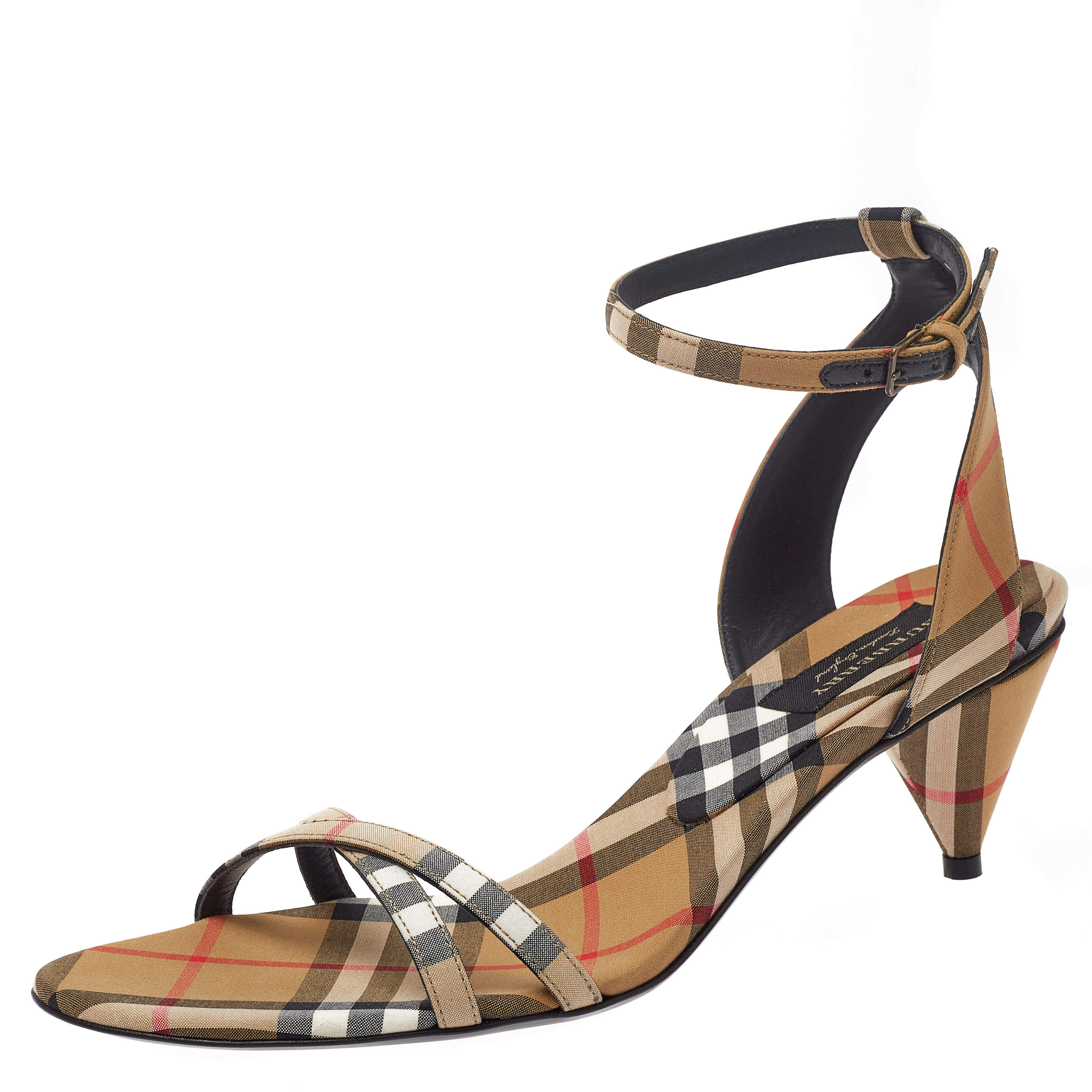 Pre Owned صندل بربري مقدمة مفتوحة كعب مخروطي سيور متعاكسة هنسل قماش مربعات نوفا بيج مقاس 39