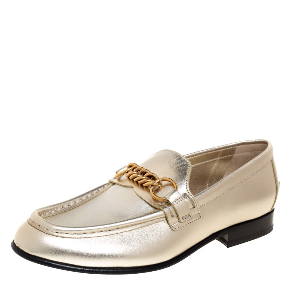 Burberry Metallic Light Gold Leather Solway Chain Detail Slip On Loafers Size 37.5