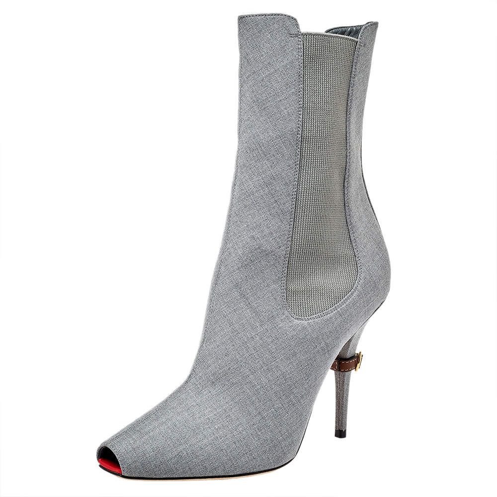 Burberry Grey Canvas And Elastic Fabric Peep Toe Kenzie Ankle Boots Size 39