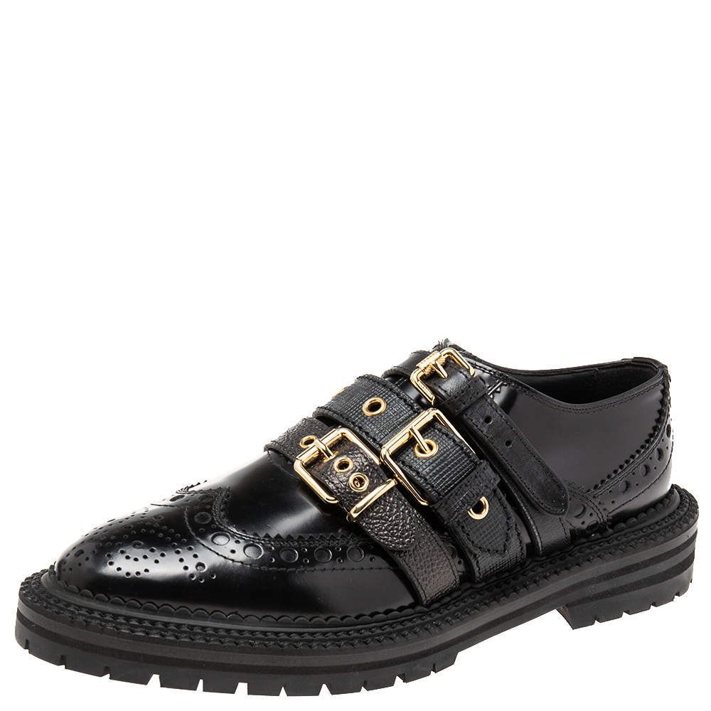Pre Owned Burberry Black Patent Leather Doherty Multi-Strap Brogue Oxfords Size 39.5