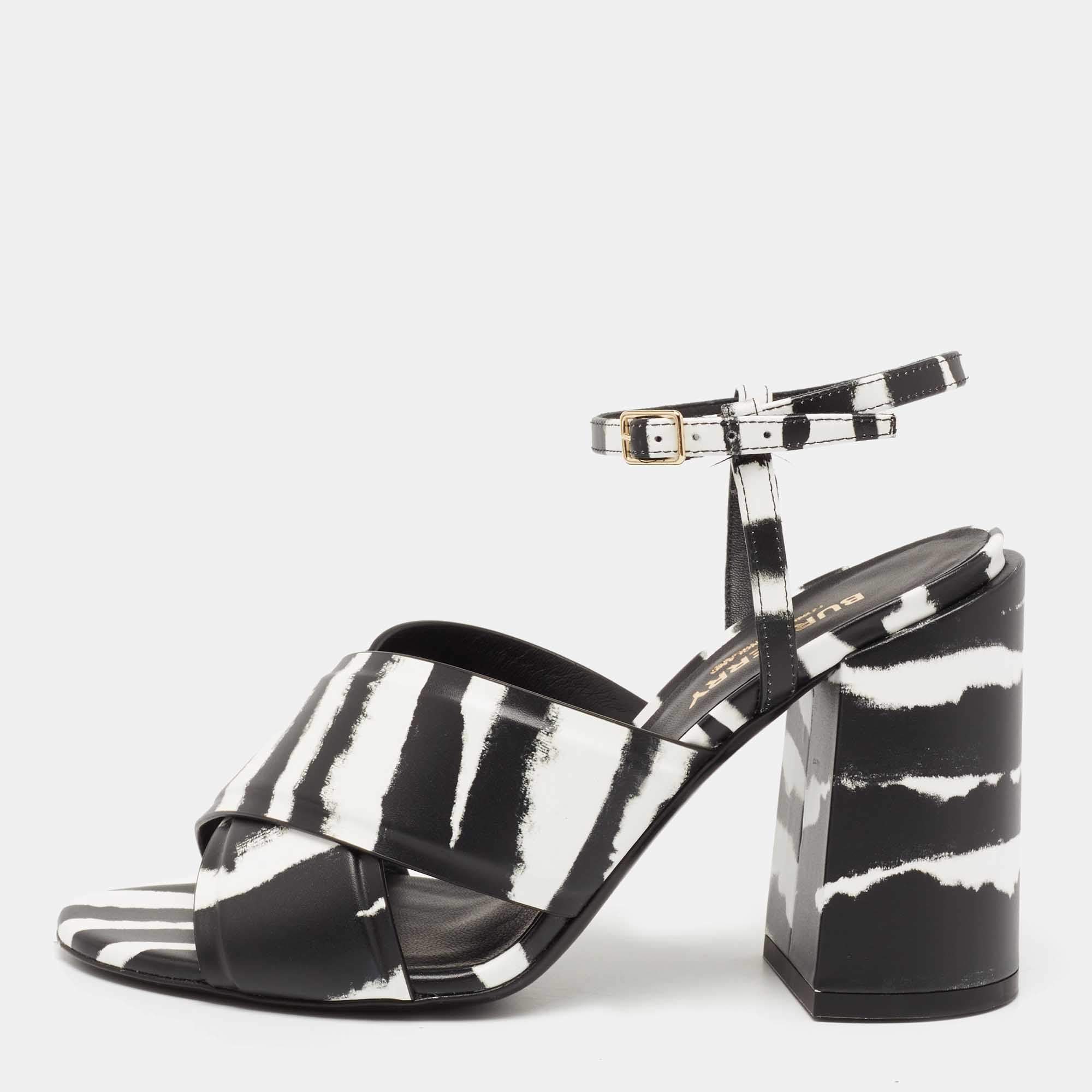 Pre Owned Burberry Black/White Leather Ankle Strap Castlebar Sandals Size 37