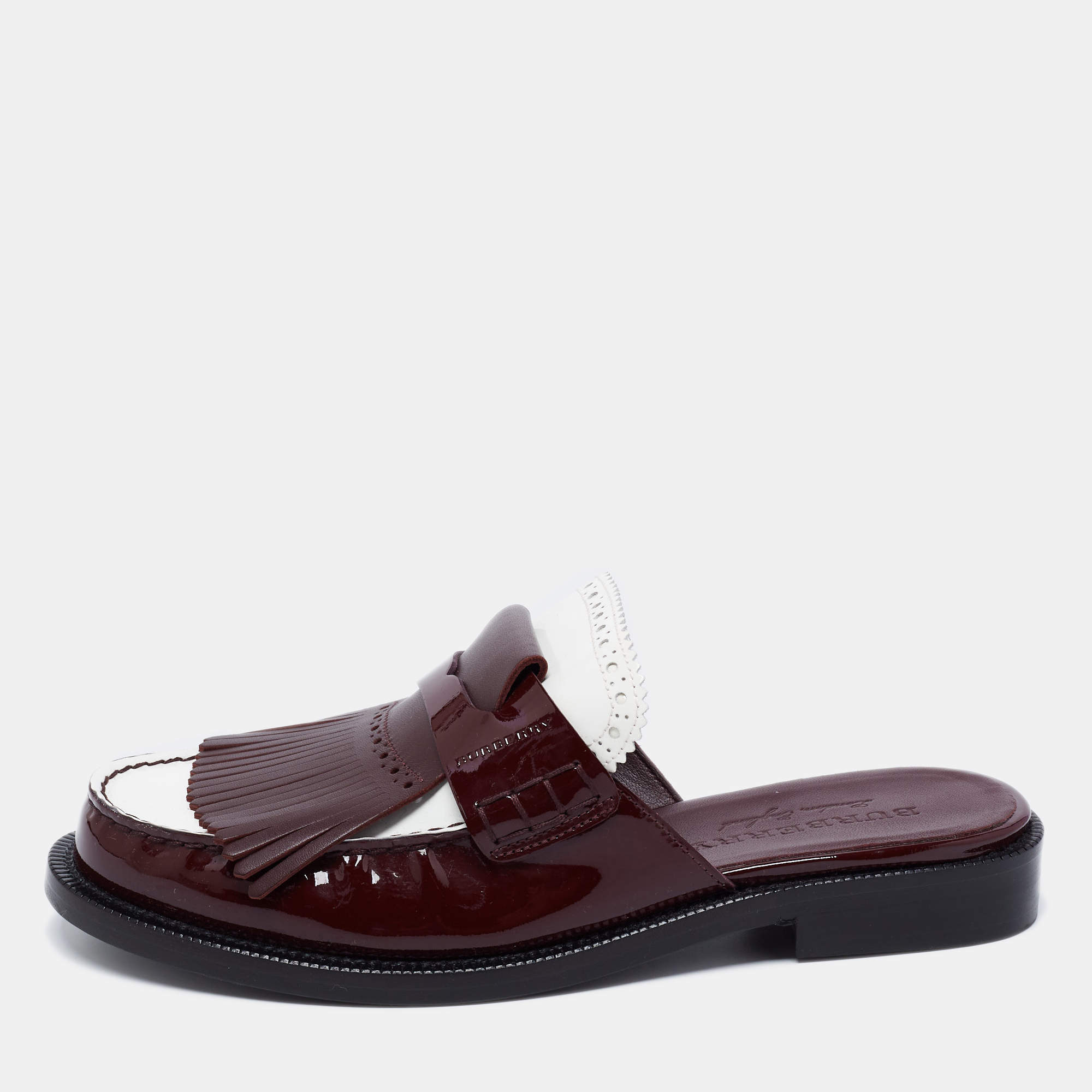 Pre Owned Burberry Two Tone Patent Leather Beckshill Fringe Details Flat Mules Size 39.5