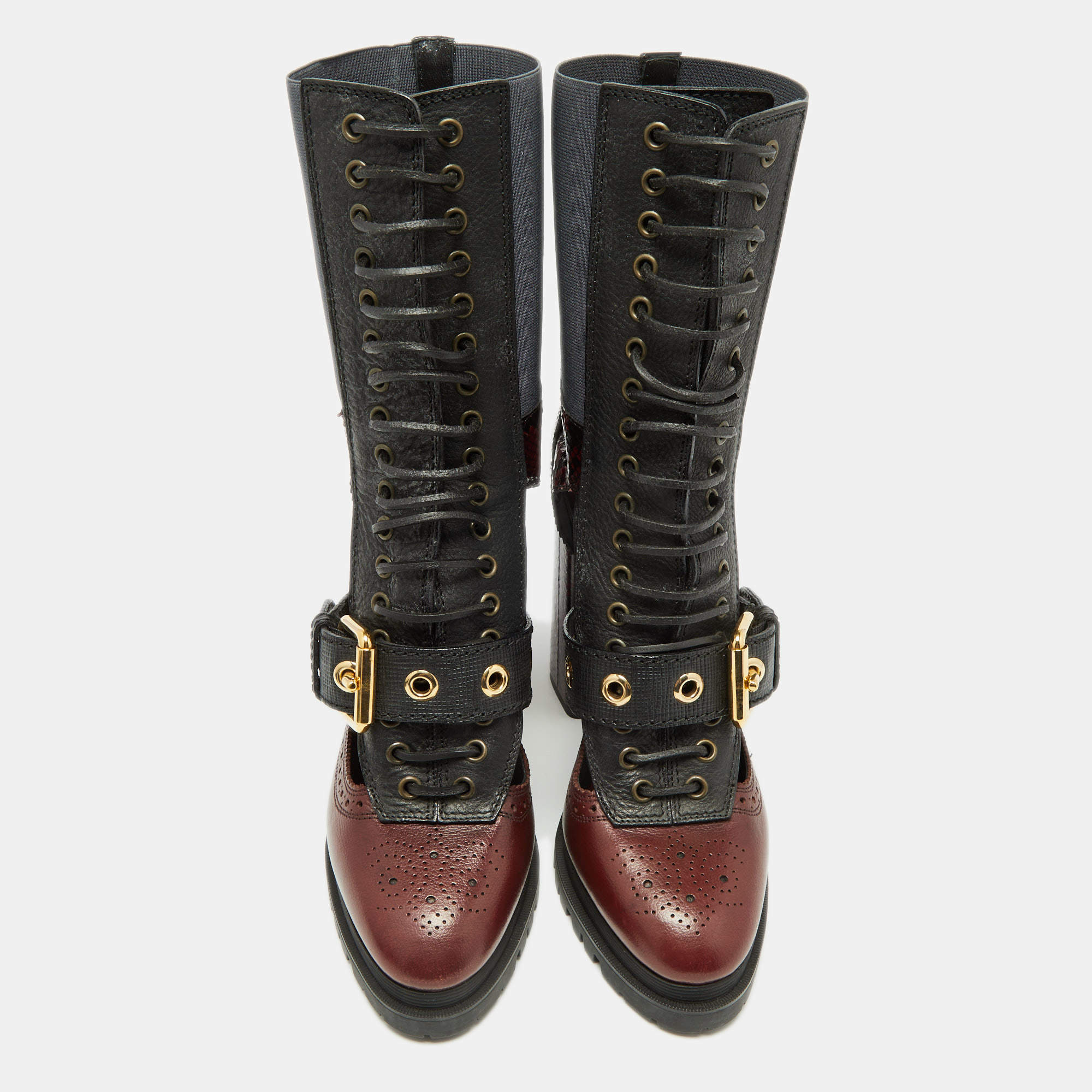 Burberry Burgundy/Black Leather and Snake Embossed Cutout Mid Length Boots  Size 41 Burberry | TLC