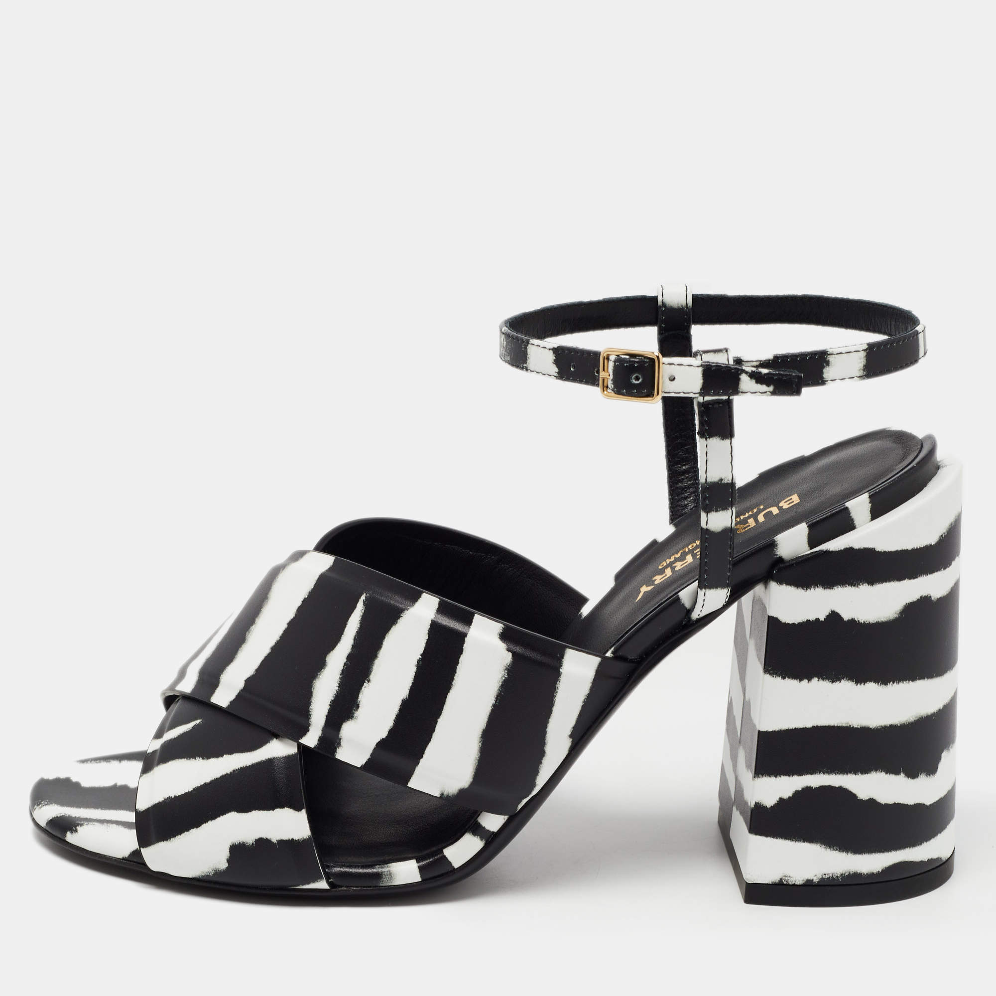 Pre Owned Burberry White/Black Leather Castlebar Ankle Strap Sandals Size 39