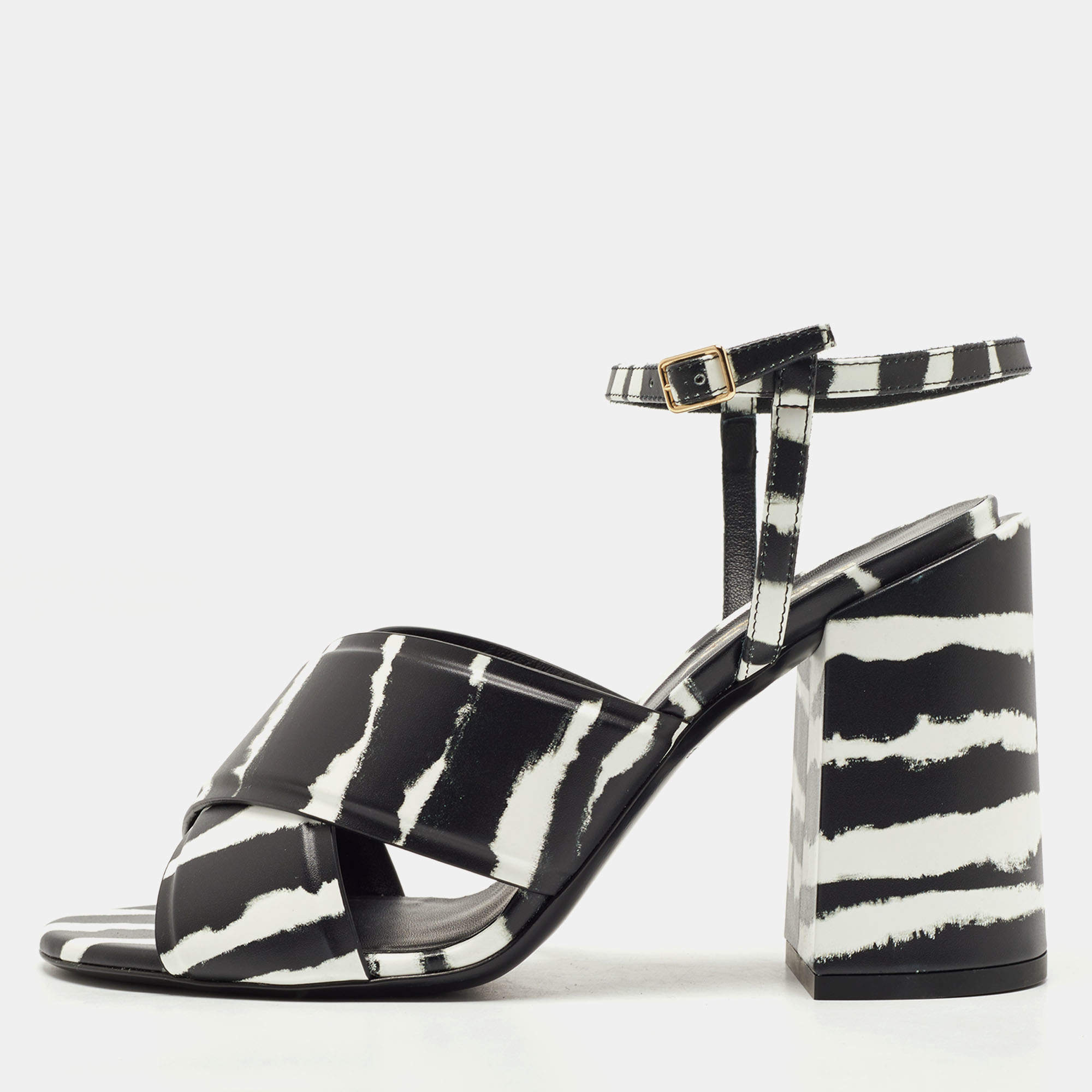Burberry Black/White Leather Castlebar Block Heel Ankle Strap Sandals Size 38