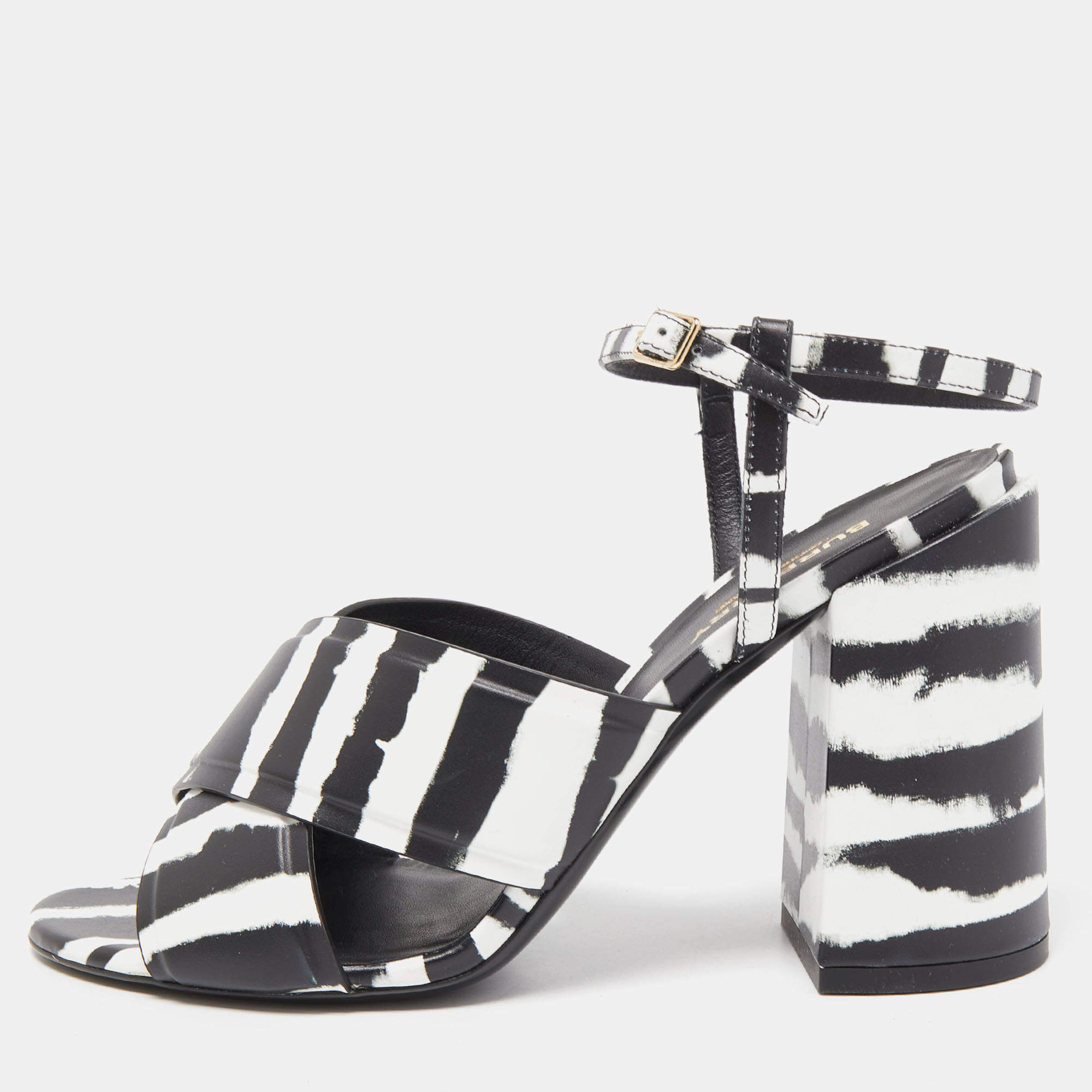 Pre Owned Burberry Black/White Leather Castlebar Ankle Strap Sandals Size 40