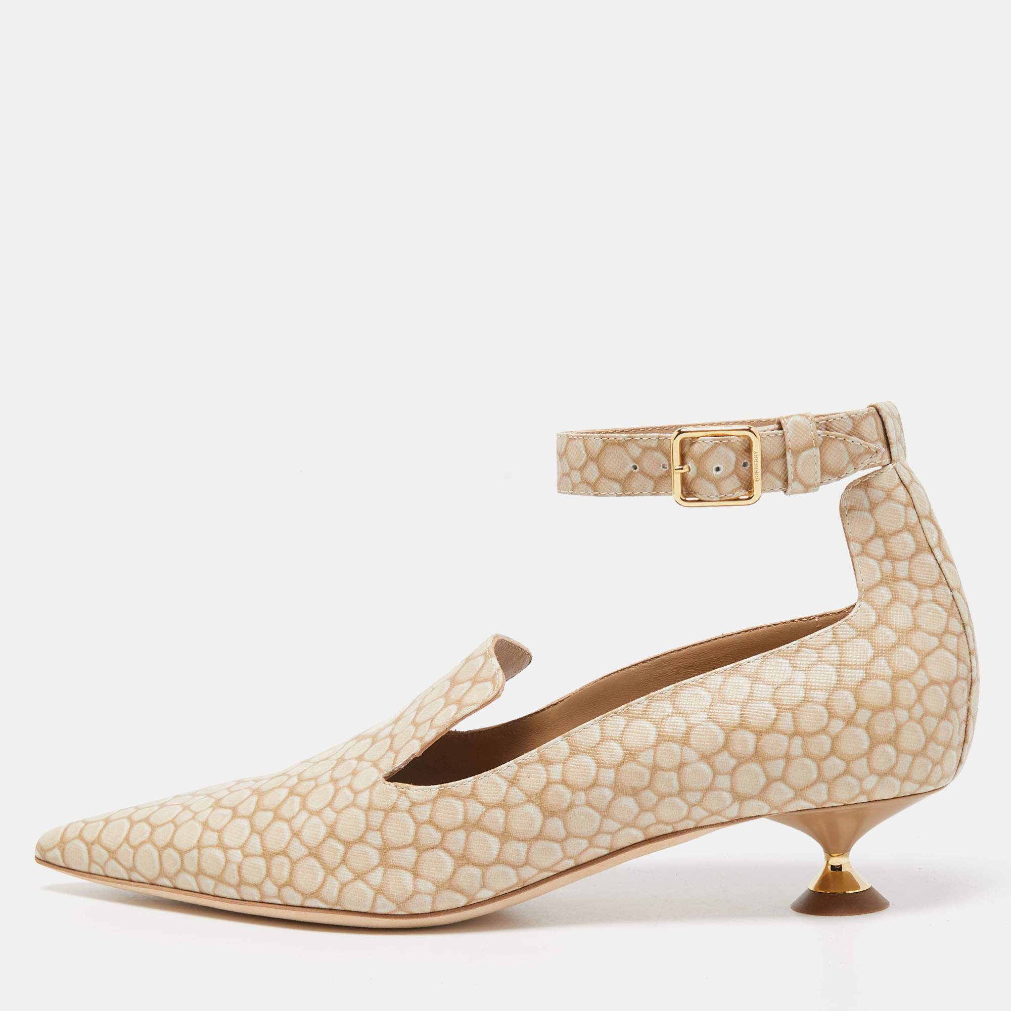 Pre Owned Burberry Brown/ Beige Coated Canvas Ankle Strap Pointed Toe Pumps Size 37.5 