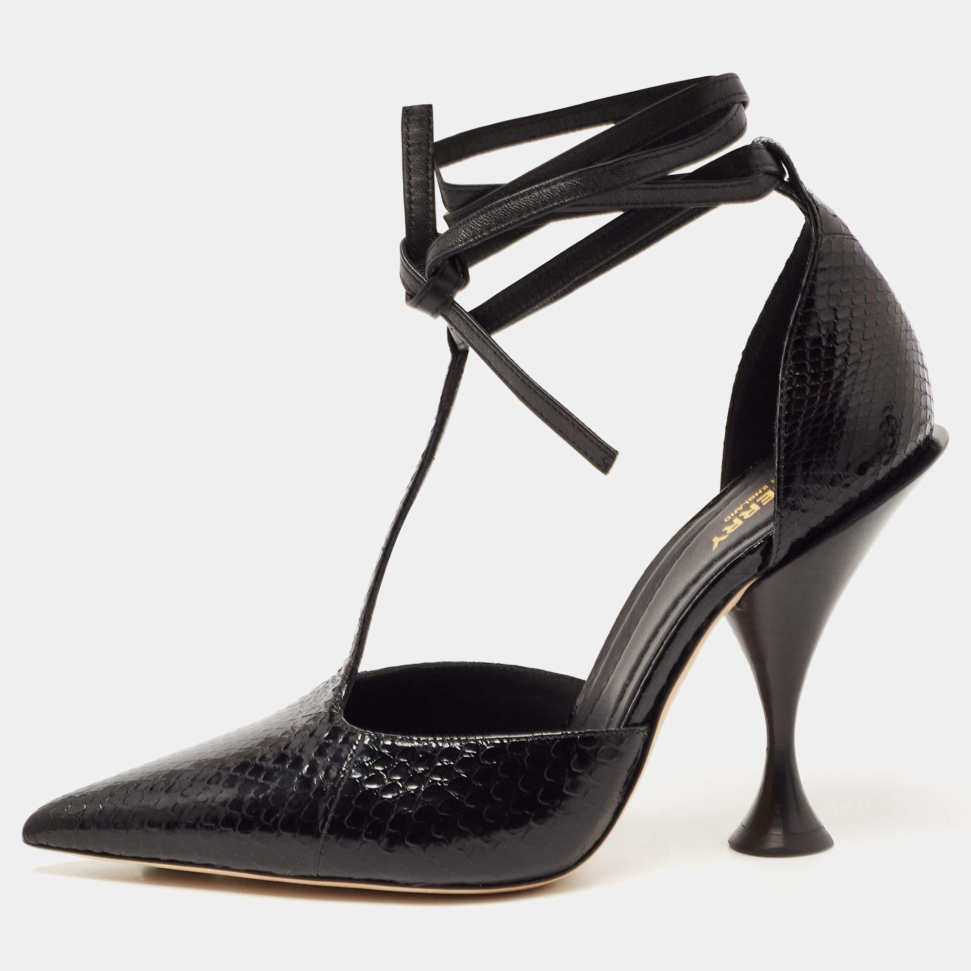 Chanel Chain T-Strap Pointed Toe Cut-Out Pumps 38.5 Black Leather