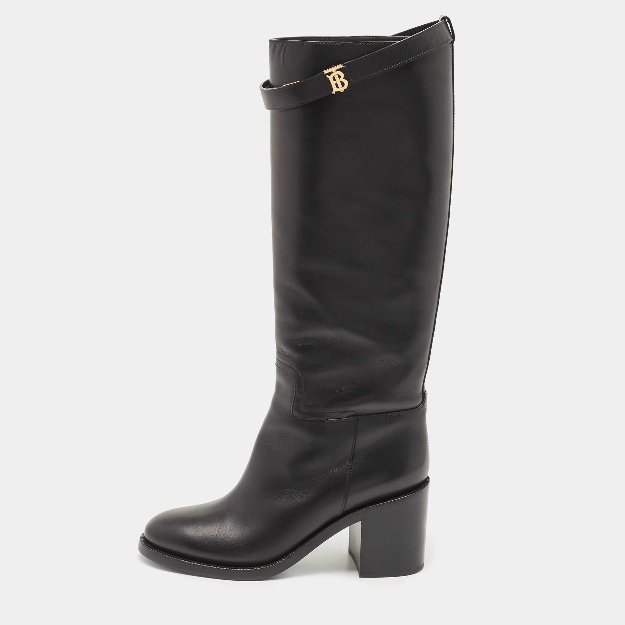 مملوكة مسبقًا Burberry Black Leather Buckle Knee Length Boots Size 40