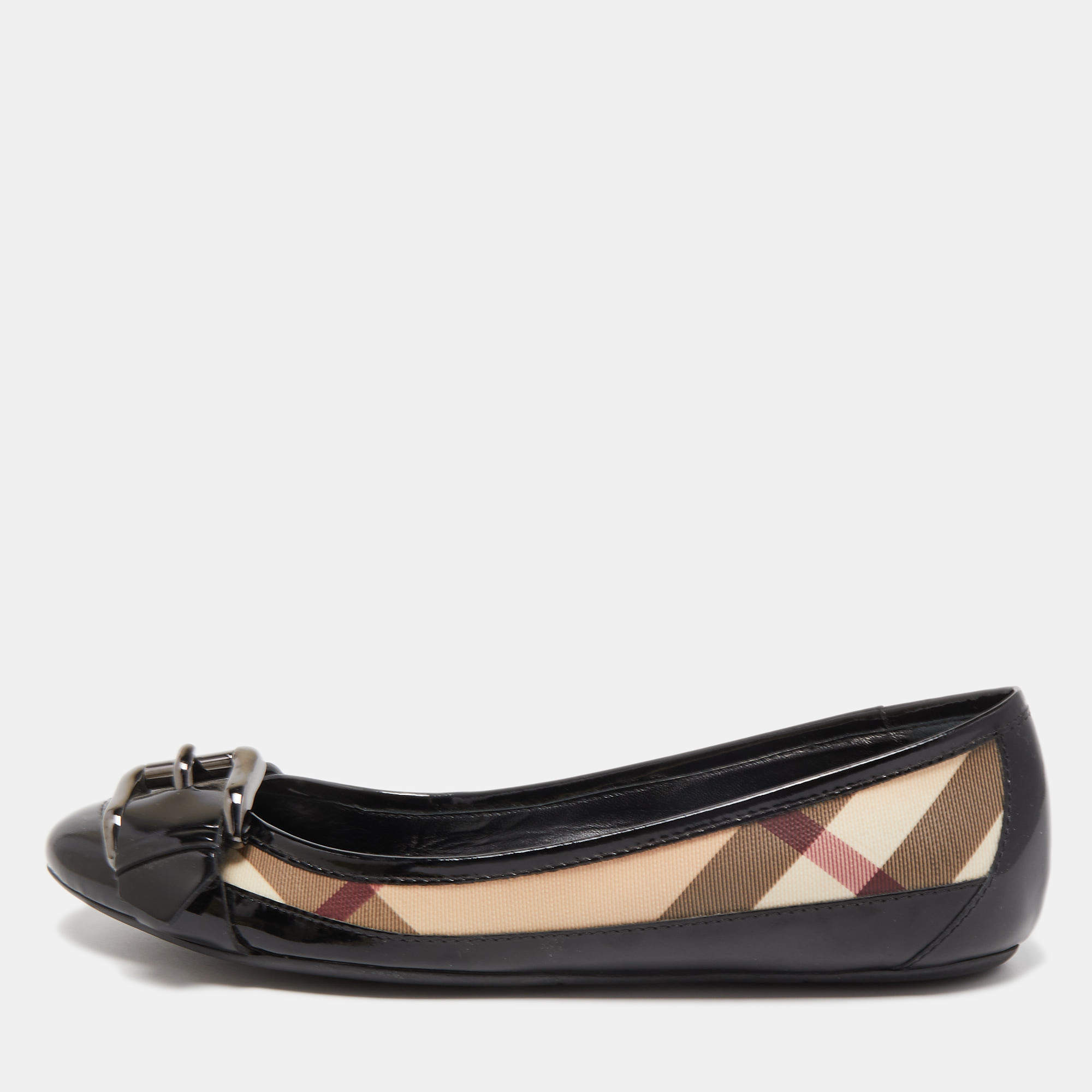 Pre Owned Burberry Black/Brown Canvas and Patent Ballet Flats Size 38