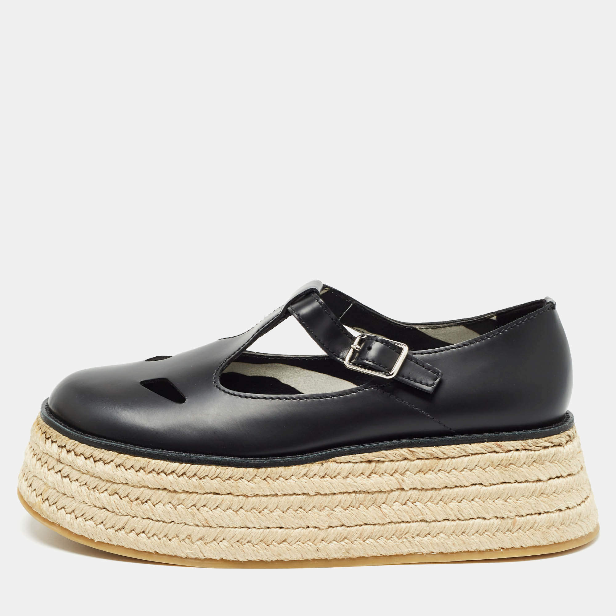 Pre Owned Burberry Black Leather Aldwych Platform Espadrille Flats Size 39