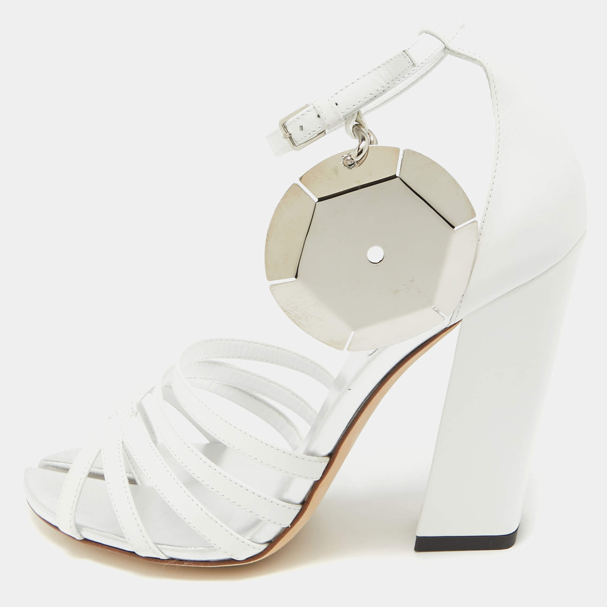 Burberry Grey/White Leather Block Heel Ankle Strap Sandals Size 39