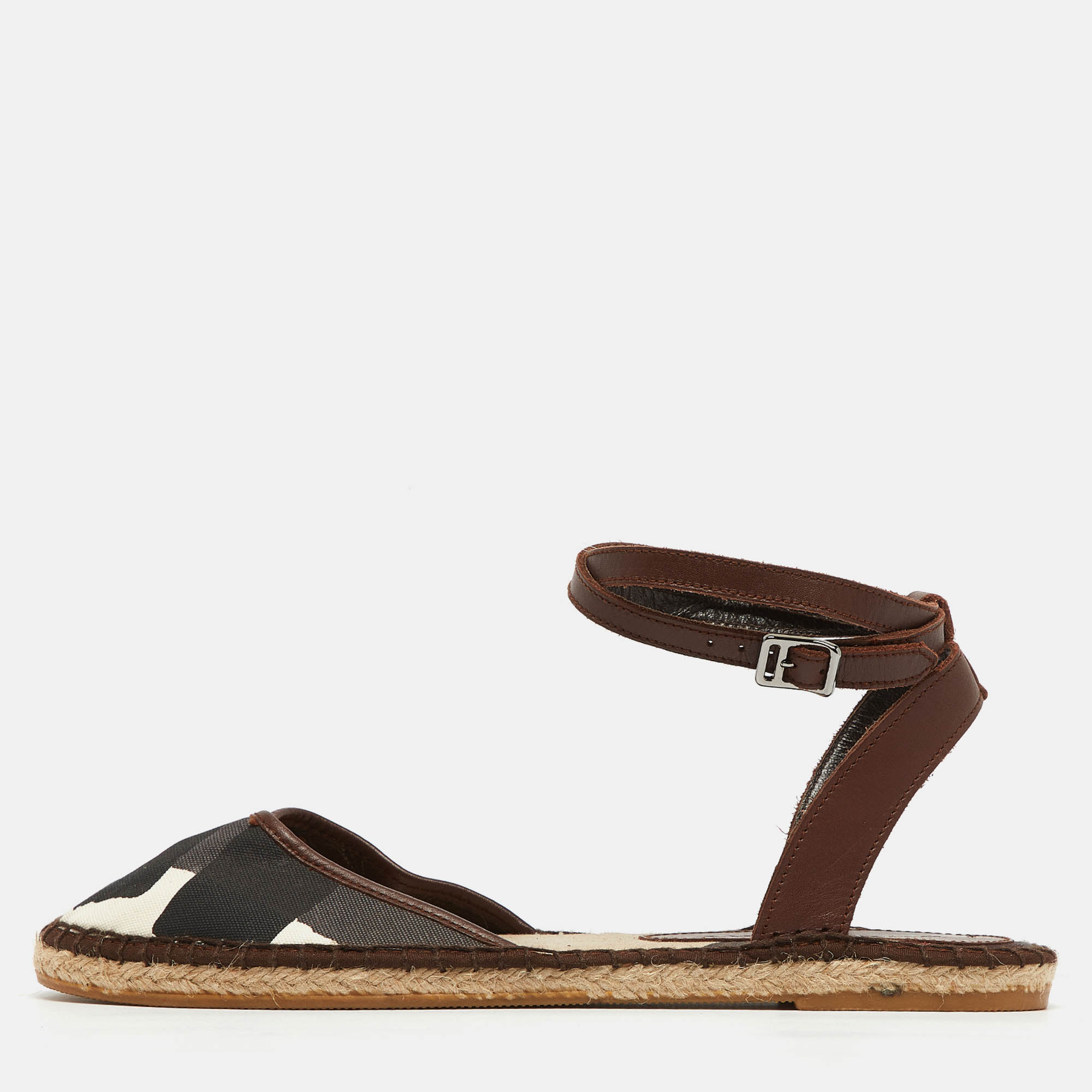 Burberry Tricolor Printed Canvas and Leather Ankle Strap Espadrille Flats Size 40