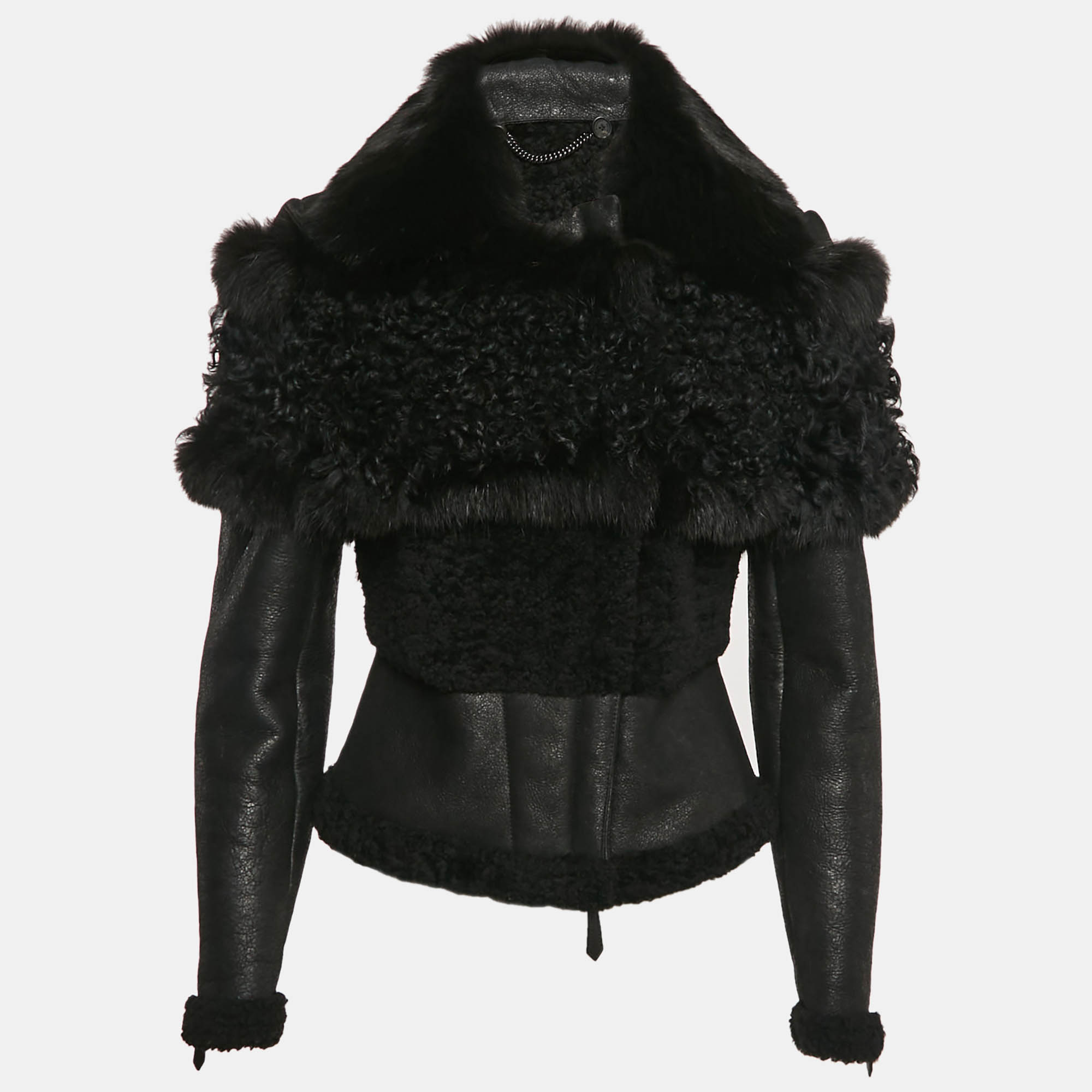 Burberry Black Fox Fur Trim Shearling and Leather Zip-Up Jacket S