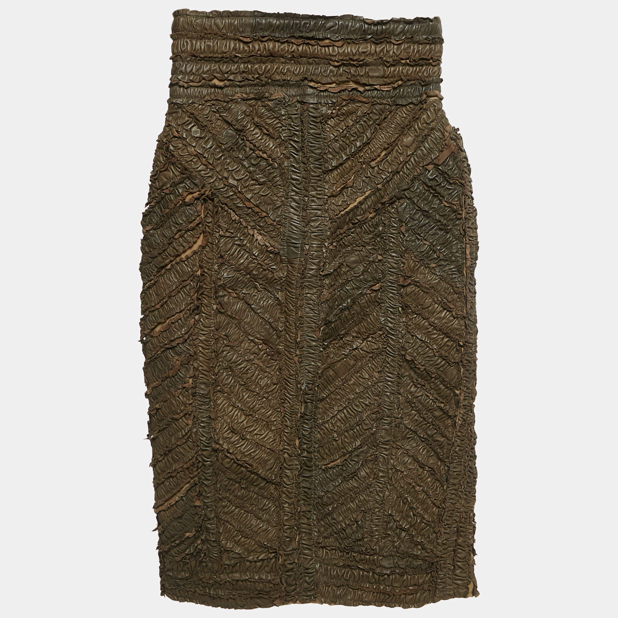 Burberry Prorsum Khaki Green Ruffled Leather Knee Length Skirt S
