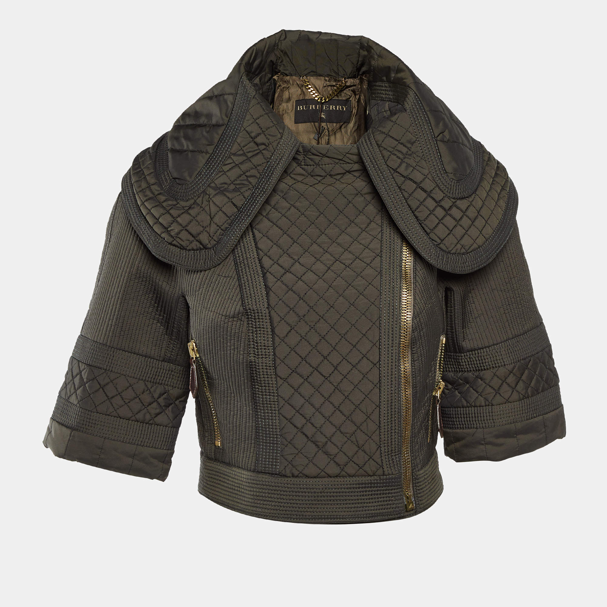 Pre Owned Burberry Prorsum Greenish Grey Synthetic Quilted Zip-Up Jacket M