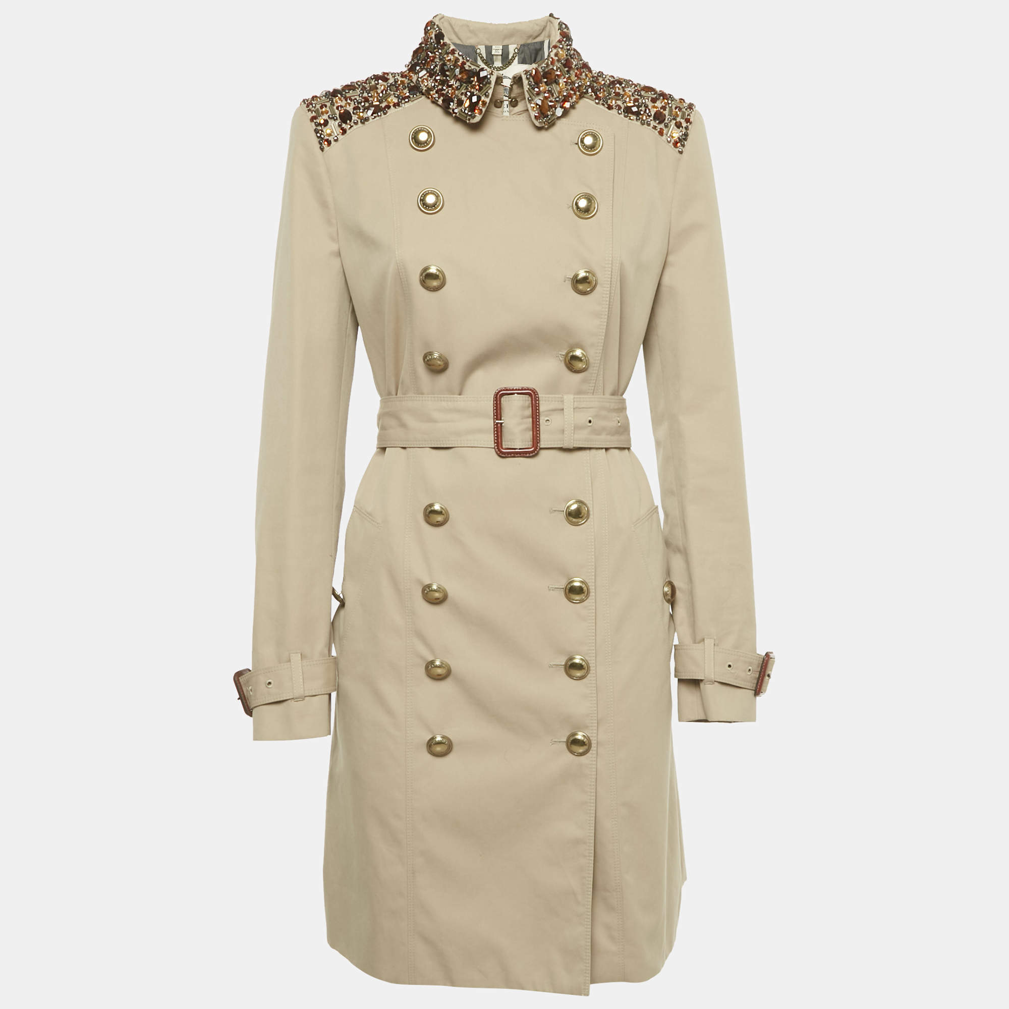 Pre Owned Burberry Prorsum Beige Embellished Cotton Gabardine Trench Coat M