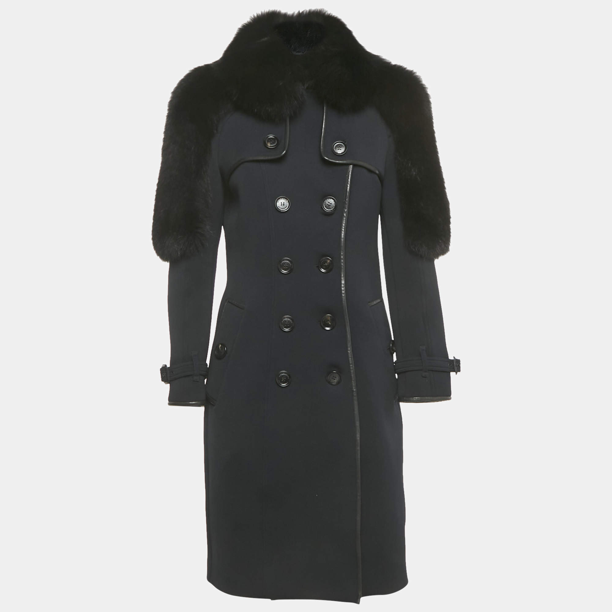 Pre Owned Burberry Prorsum Navy Blue Gabardine Fur Trim Trench Coat S