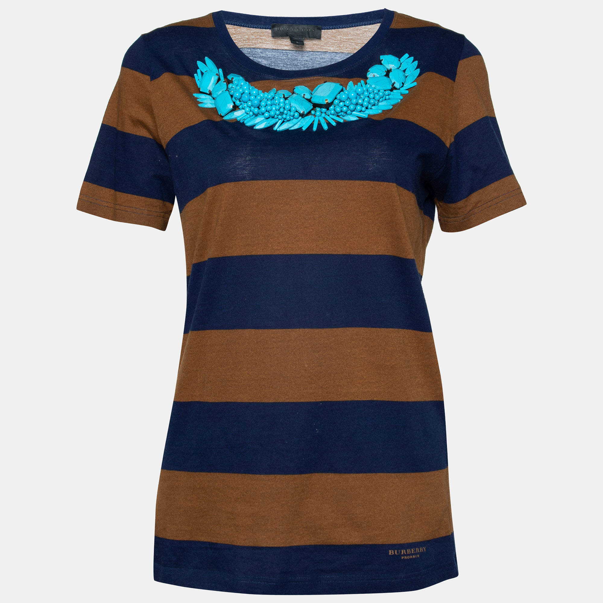 Pre Owned Burberry Prorsum Brown Striped Embellished Detail Round Neck T-Shirt S