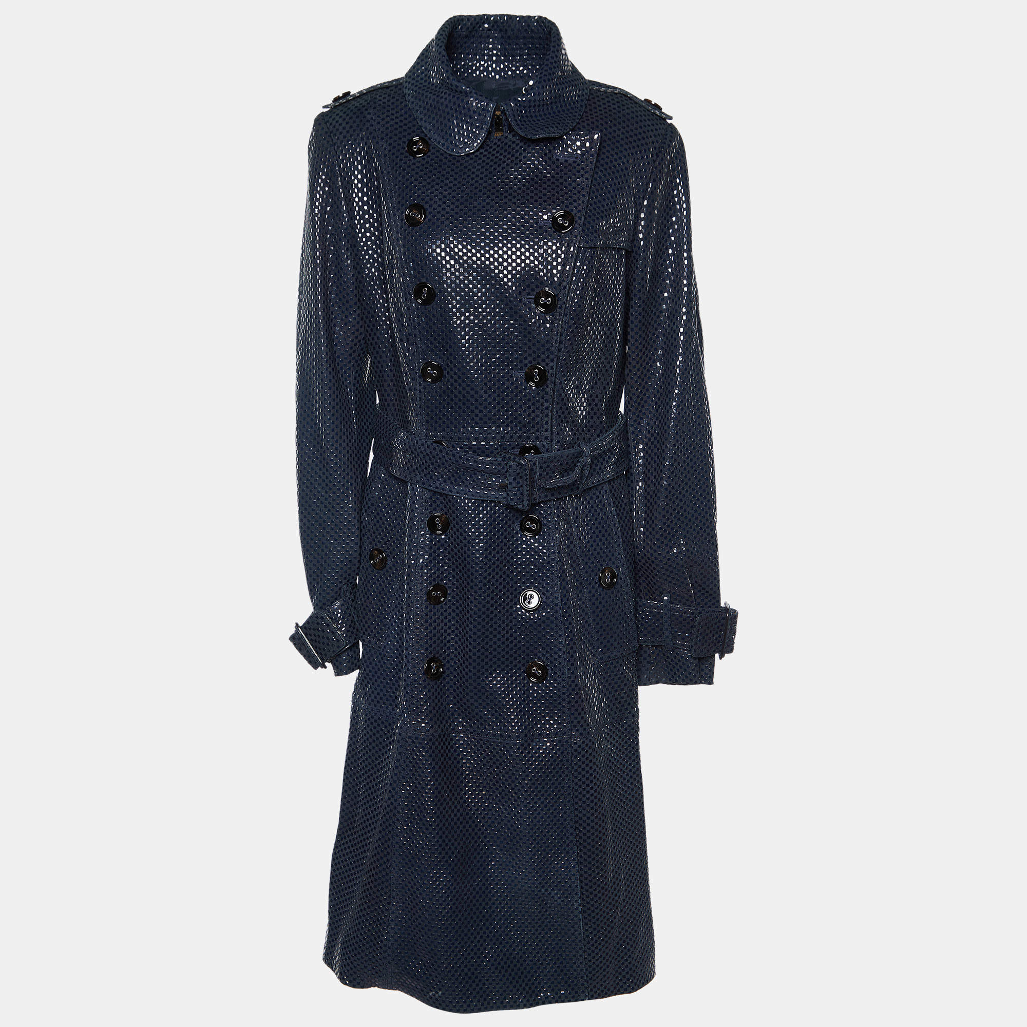 Burberry Prorsum Navy Blue Checker Pattern Leather Double Breasted Trench Coat M