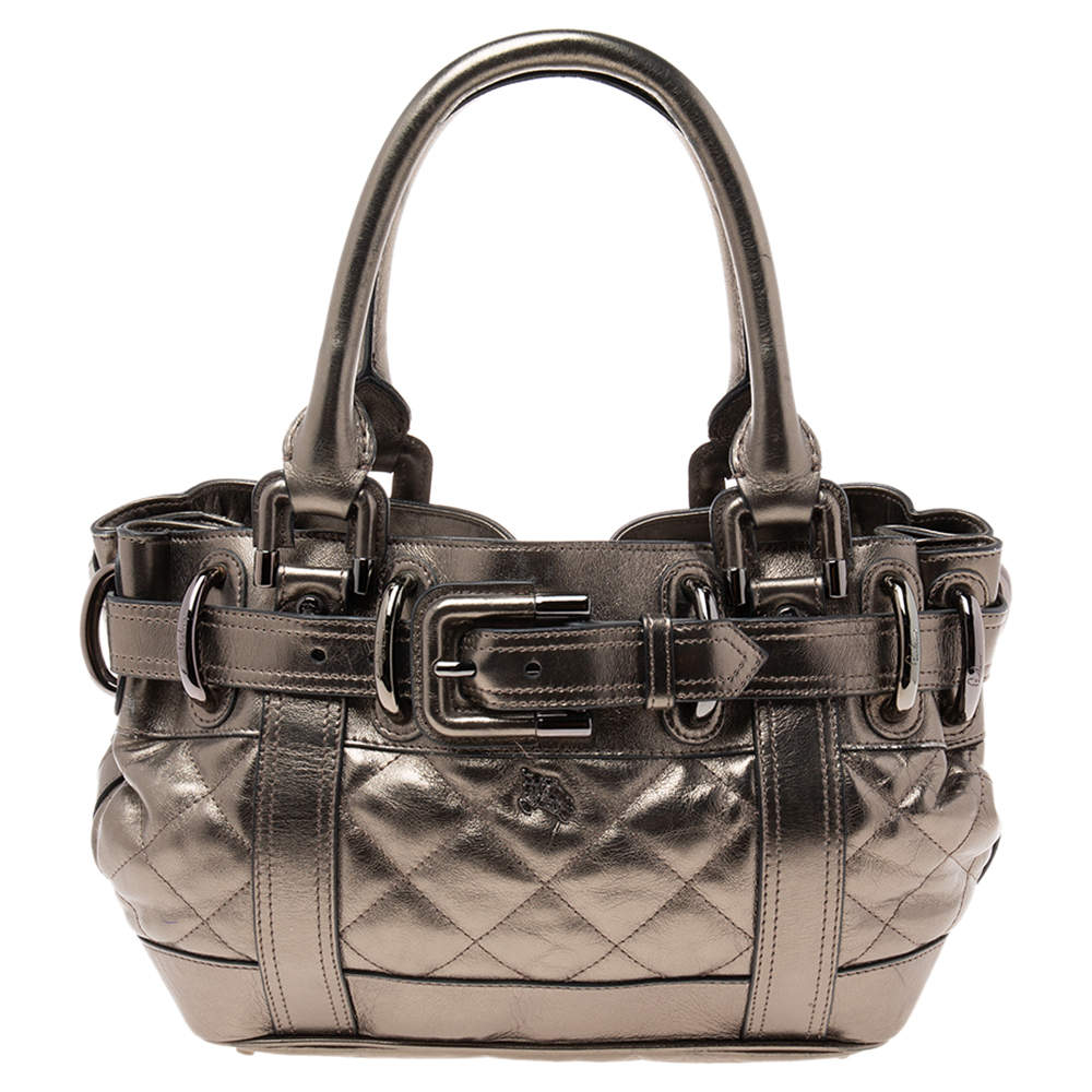 Burberry Metallic Gunmetal Quilted Leather Beaton Tote