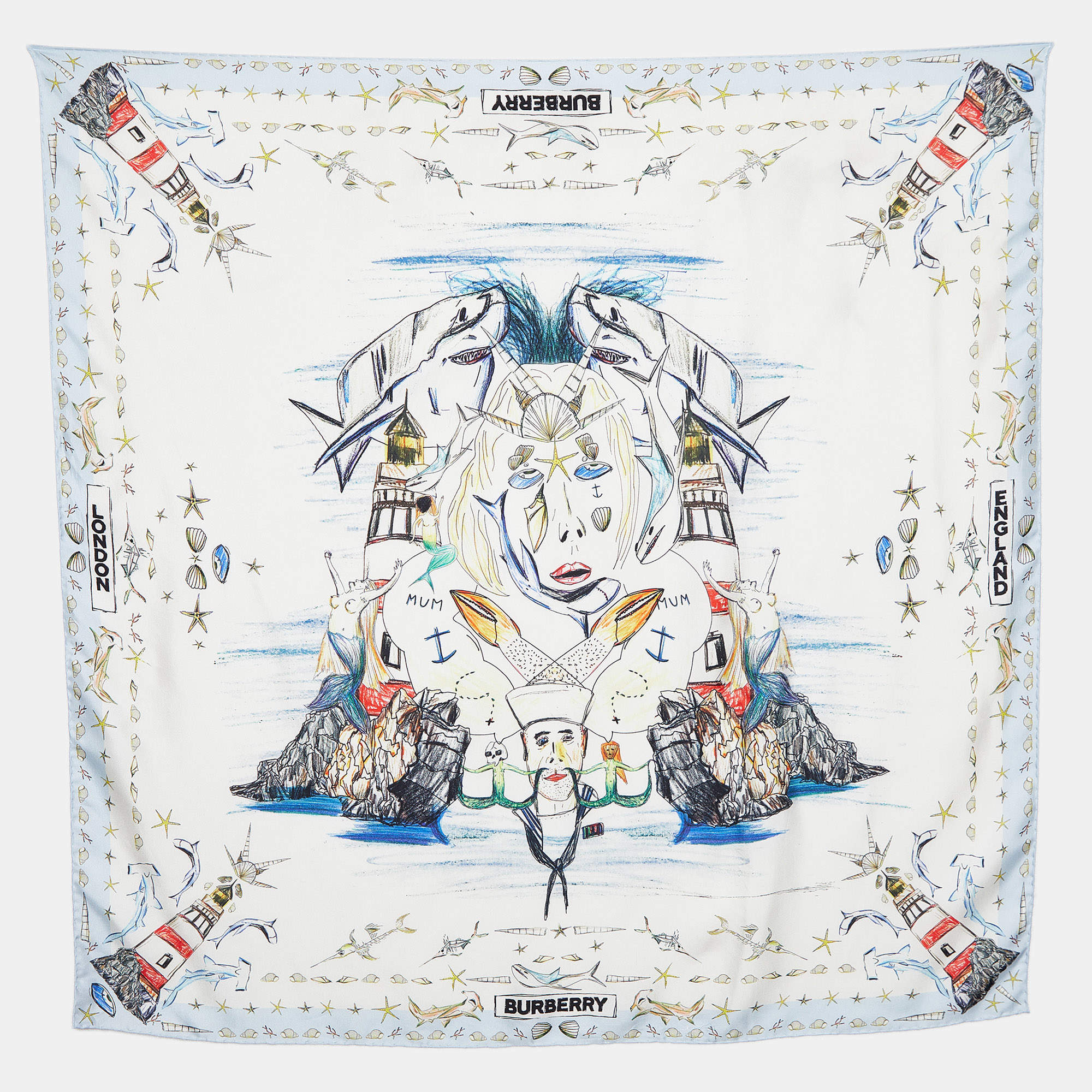 مملوكة مسبقًا Burberry White Marine Sketch Print Silk Scarf