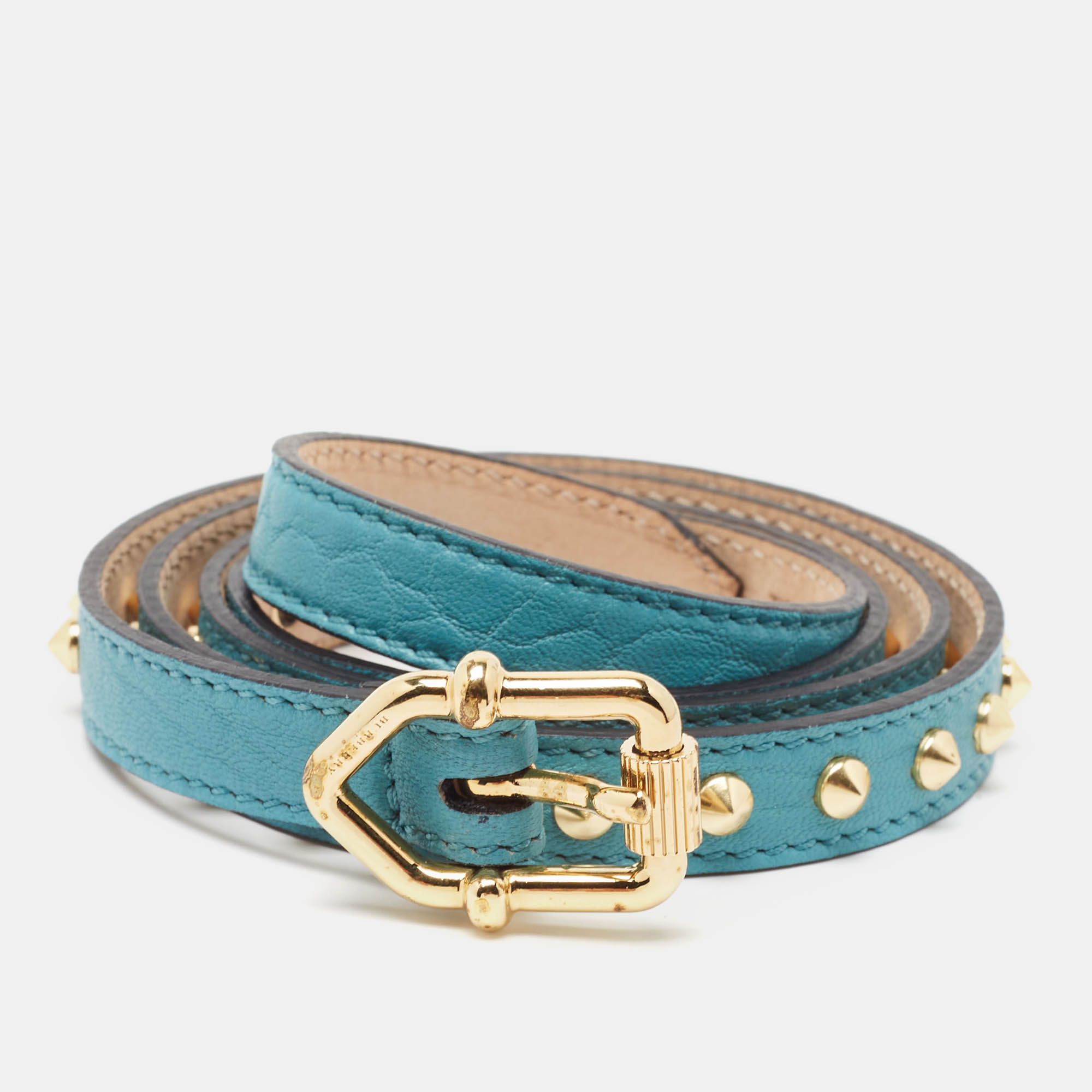 Pre Owned Burberry Blue Leather Studded Slim Belt 85 CM