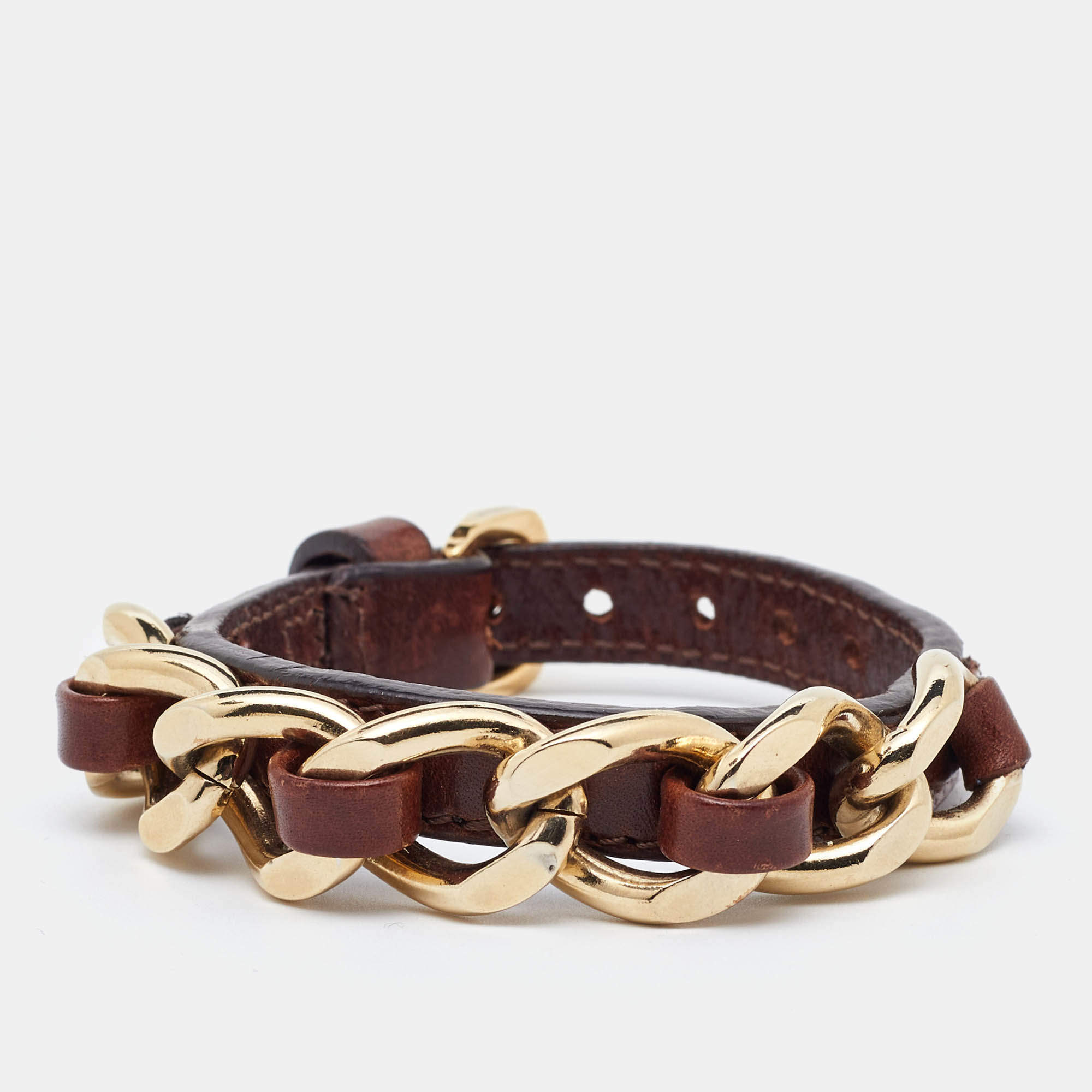 Burberry Brown Leather Chain Detail Wrap Bracelet