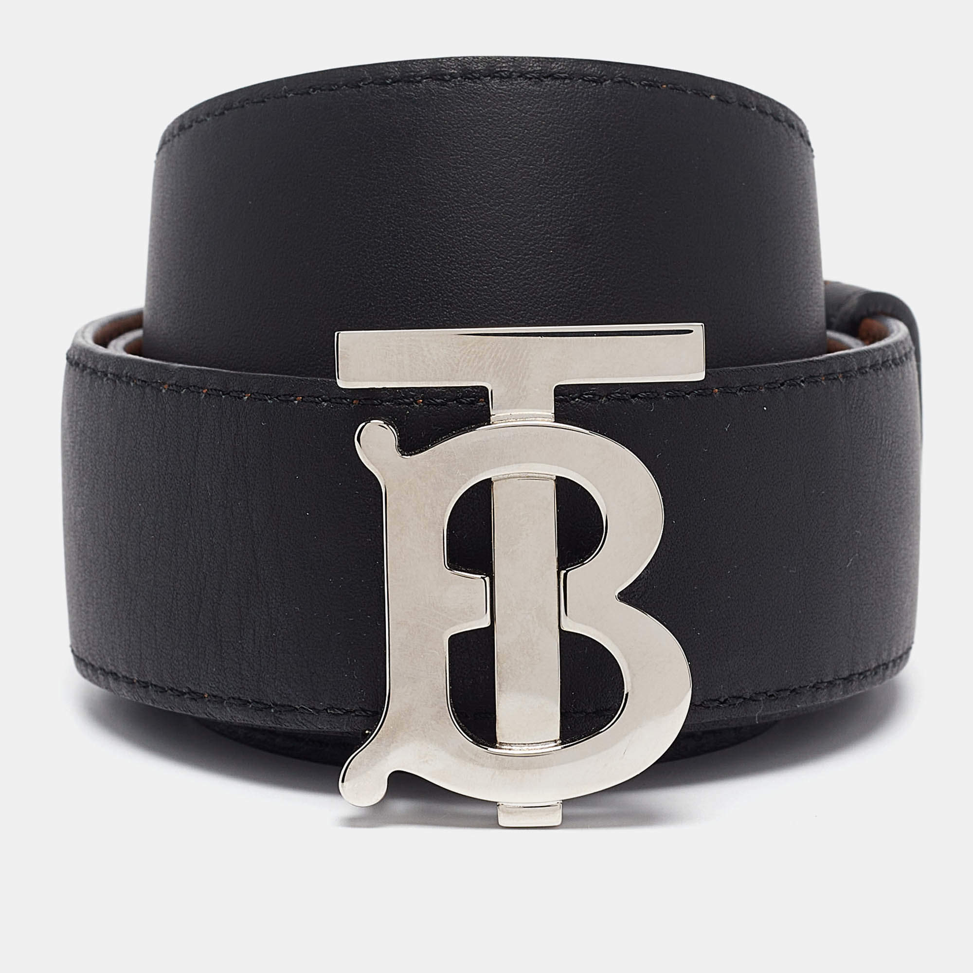 Pre Owned Burberry Black/Brown Leather TB Logo Reversible Belt M