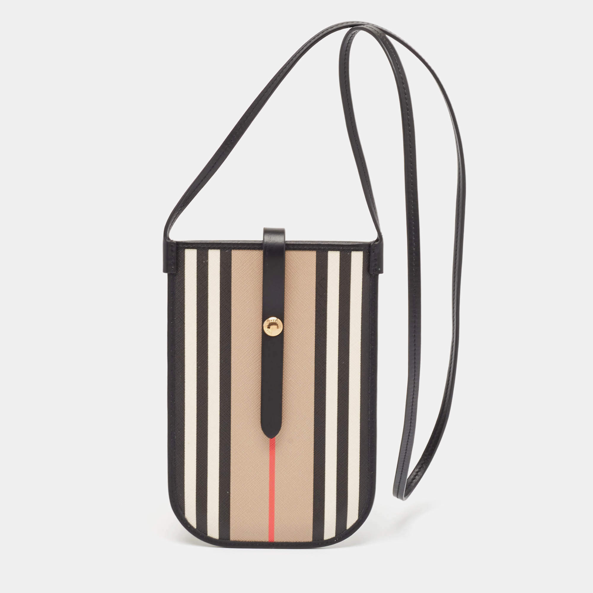 Pre Owned Burberry Beige/Black Icon Stripe Coated Canvas and Leather Anne Phone Pouch with Strap