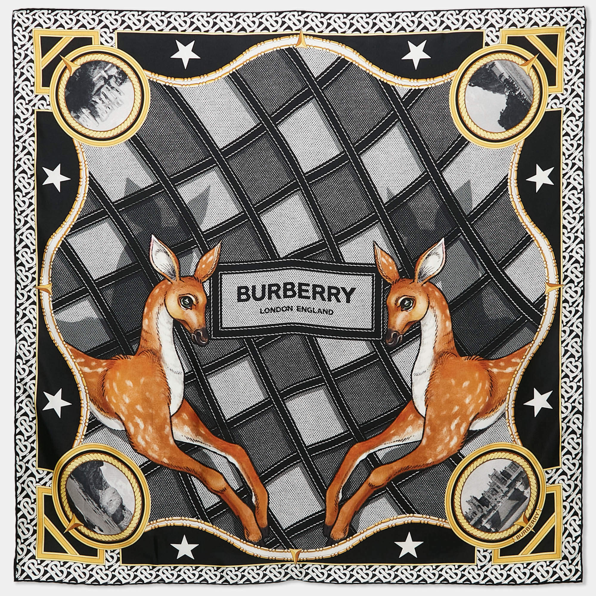 Pre Owned Burberry Black Deer Print Silk Square Scarf