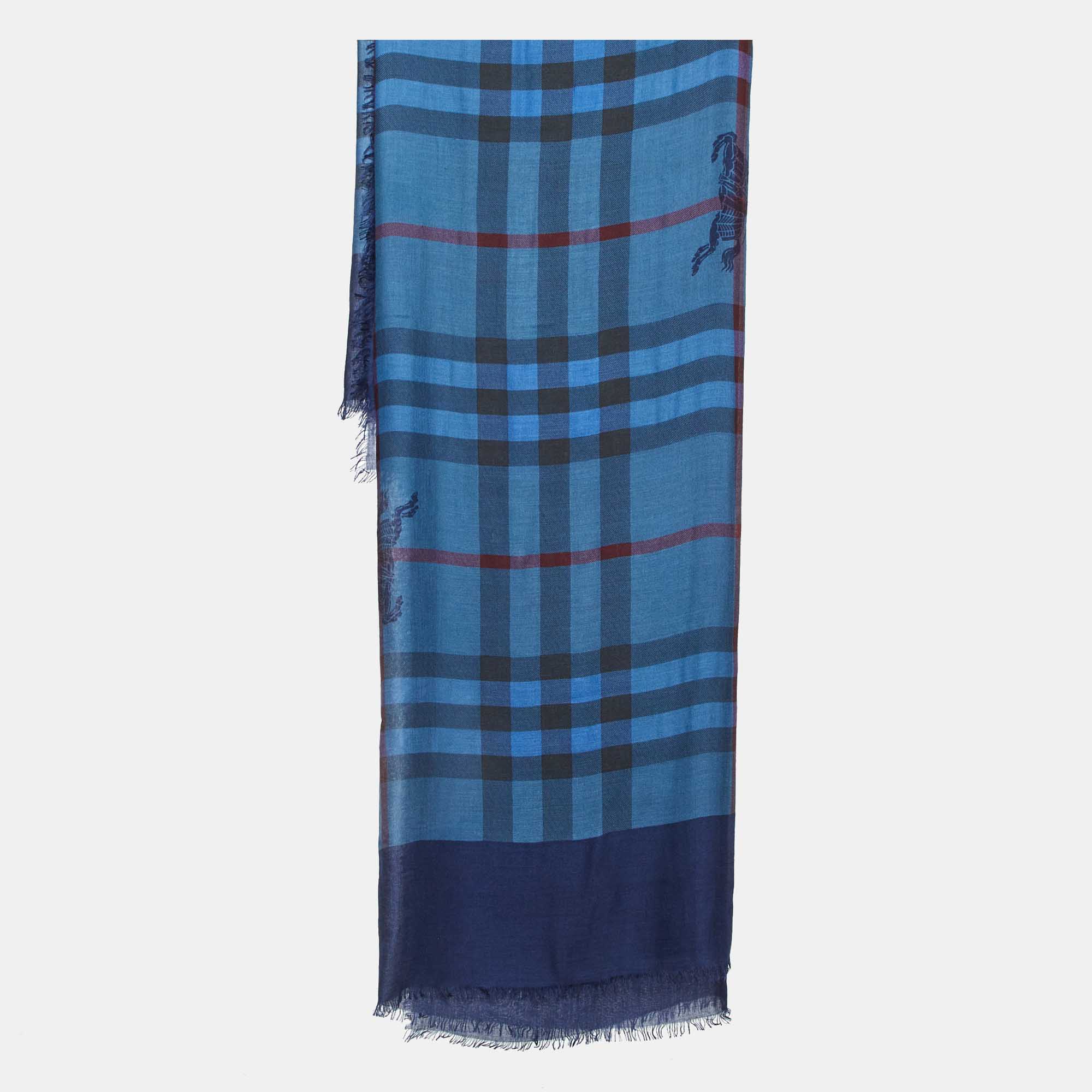 Pre Owned Burberry Blue Vintage Check Wool & Silk Scarf