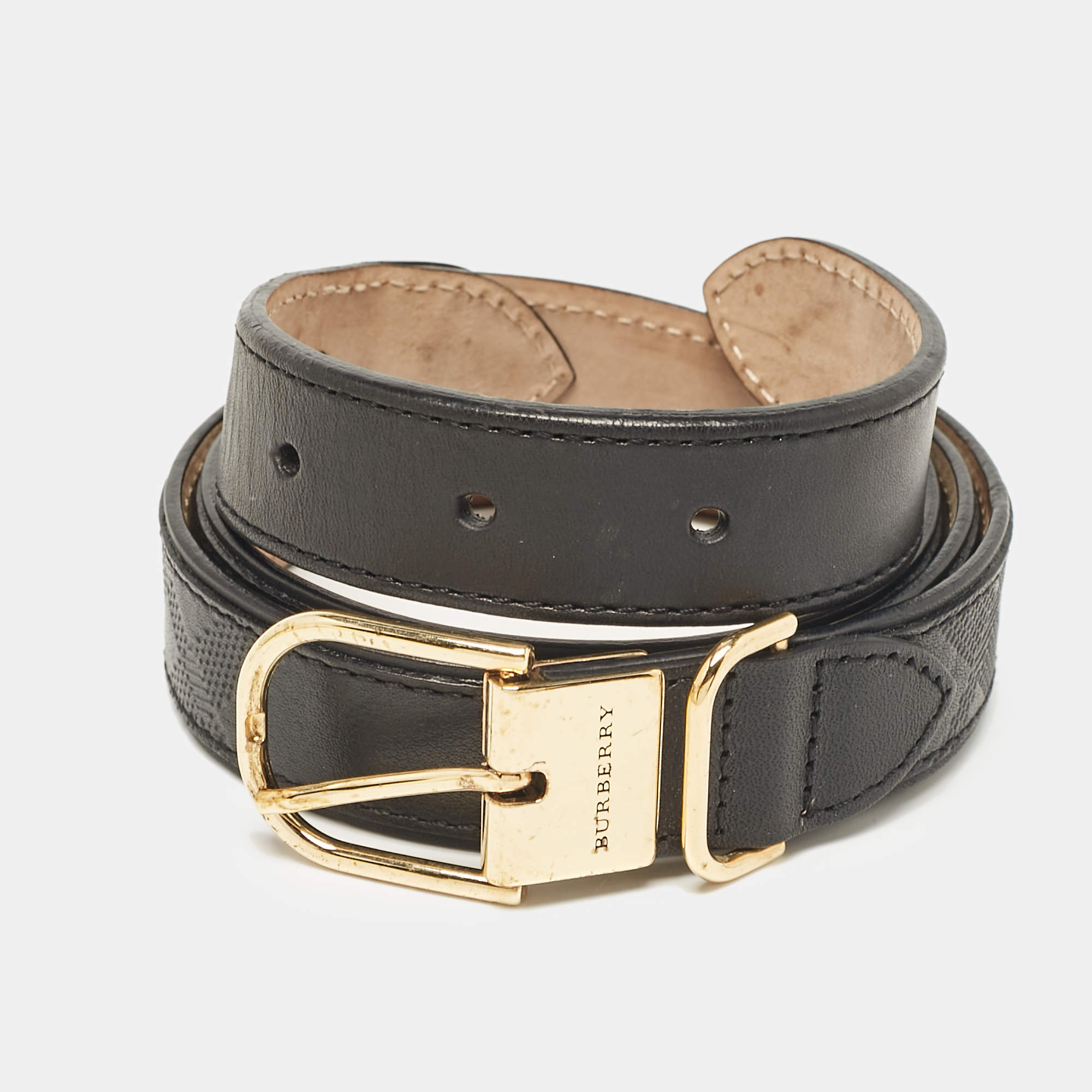 Burberry Black Check Embossed Leather Slim Belt 85 CM