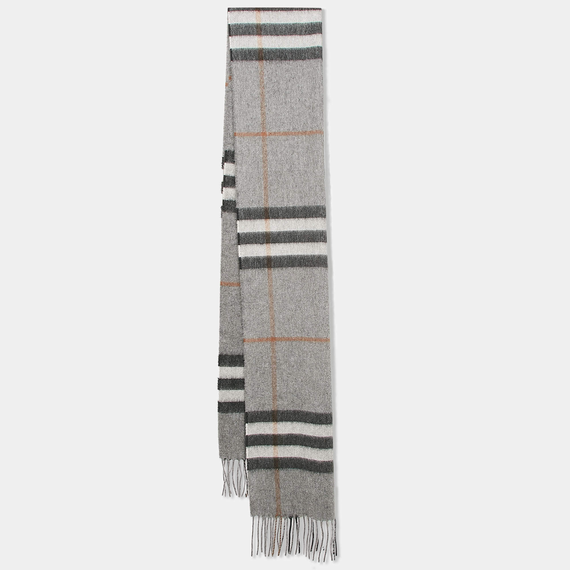 Pre Owned Burberry Grey Classic Check Cashmere Fringed Stole 