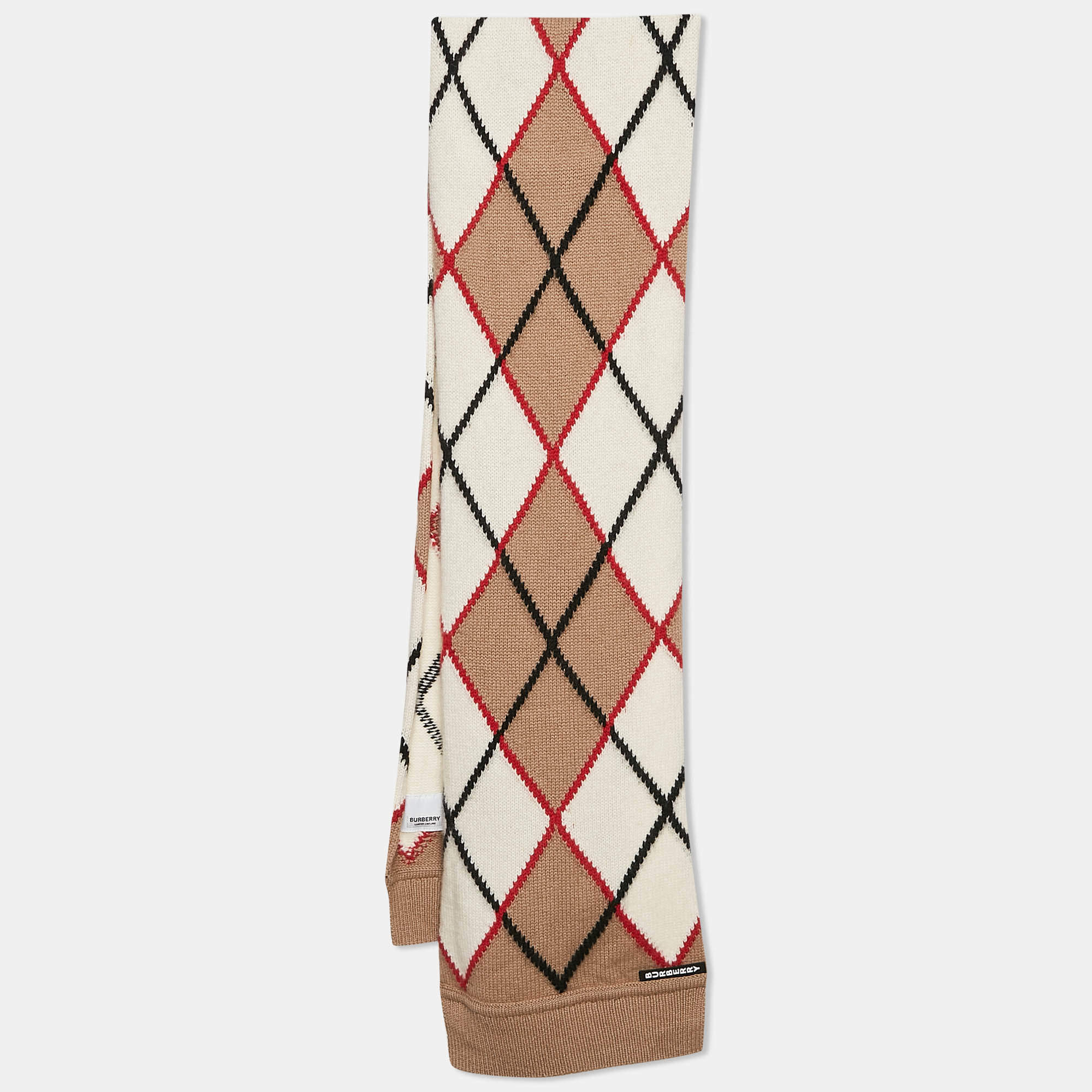 مملوكة مسبقًا Burberry Beige Argyle Check Wool Rib Knit Muffler 