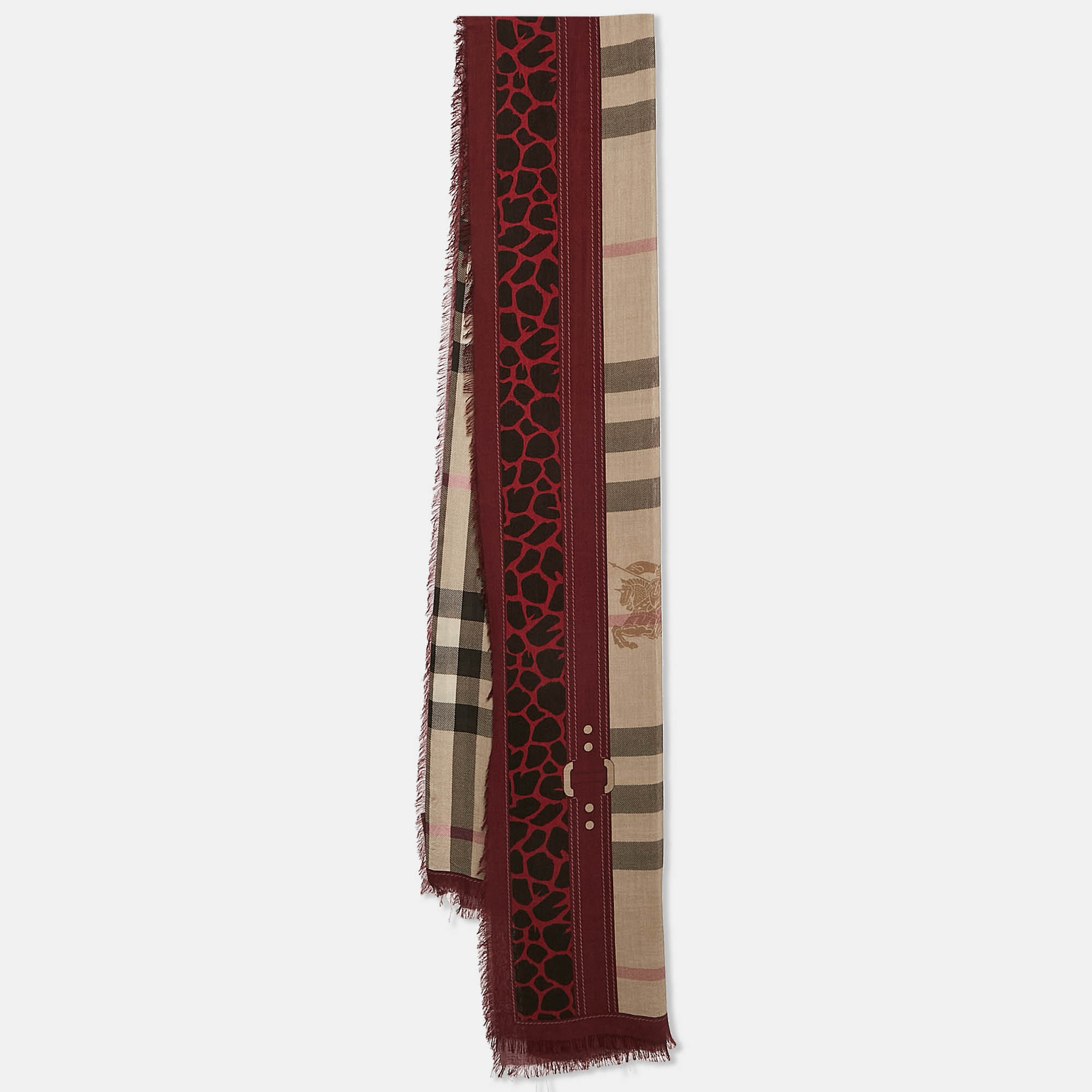 مملوكة مسبقًا Burberry Brown/Red Leopard Print Haymarket Check Silk Blend Scarf