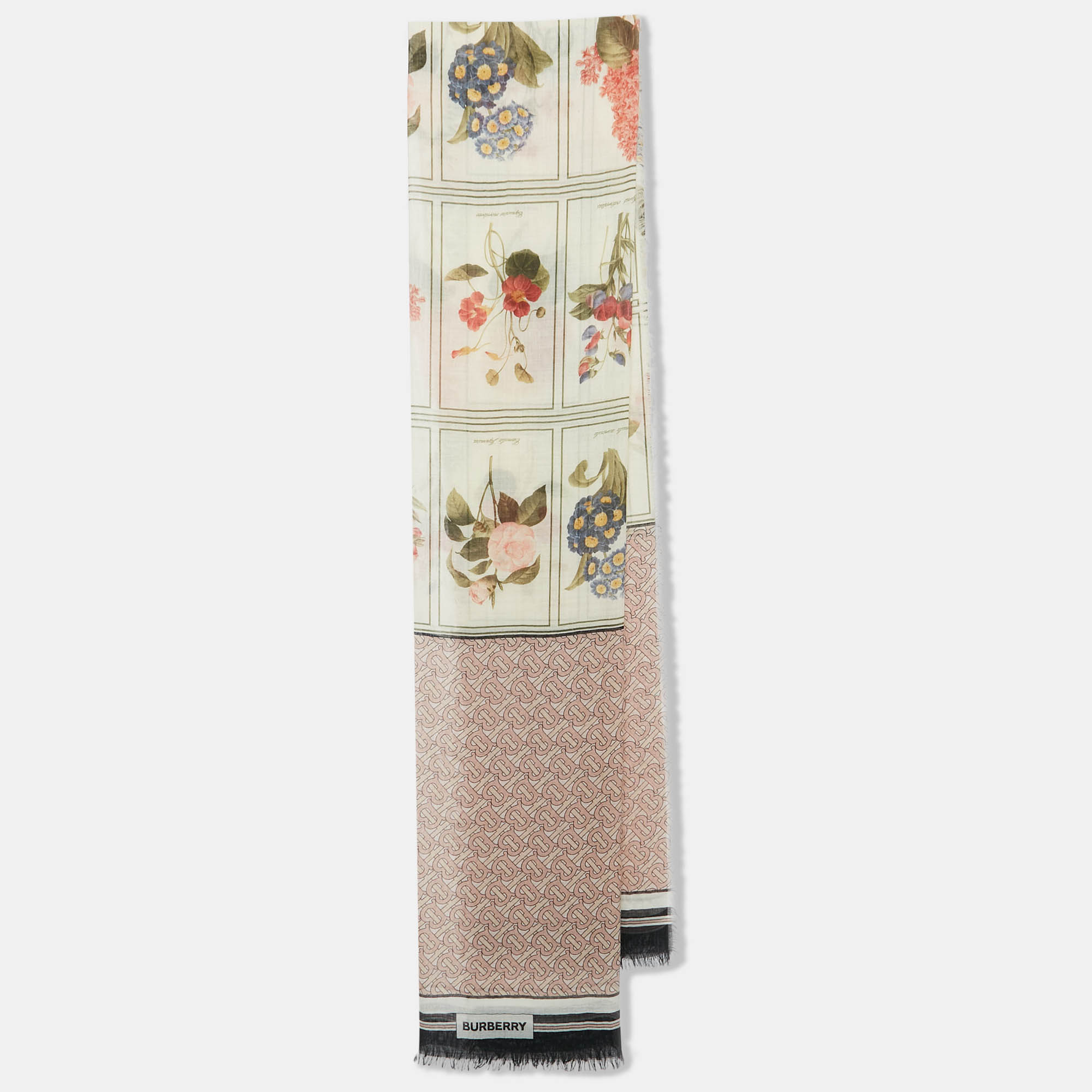 Pre Owned Burberry Multicolor Logo and Plants Print Silk Scarf