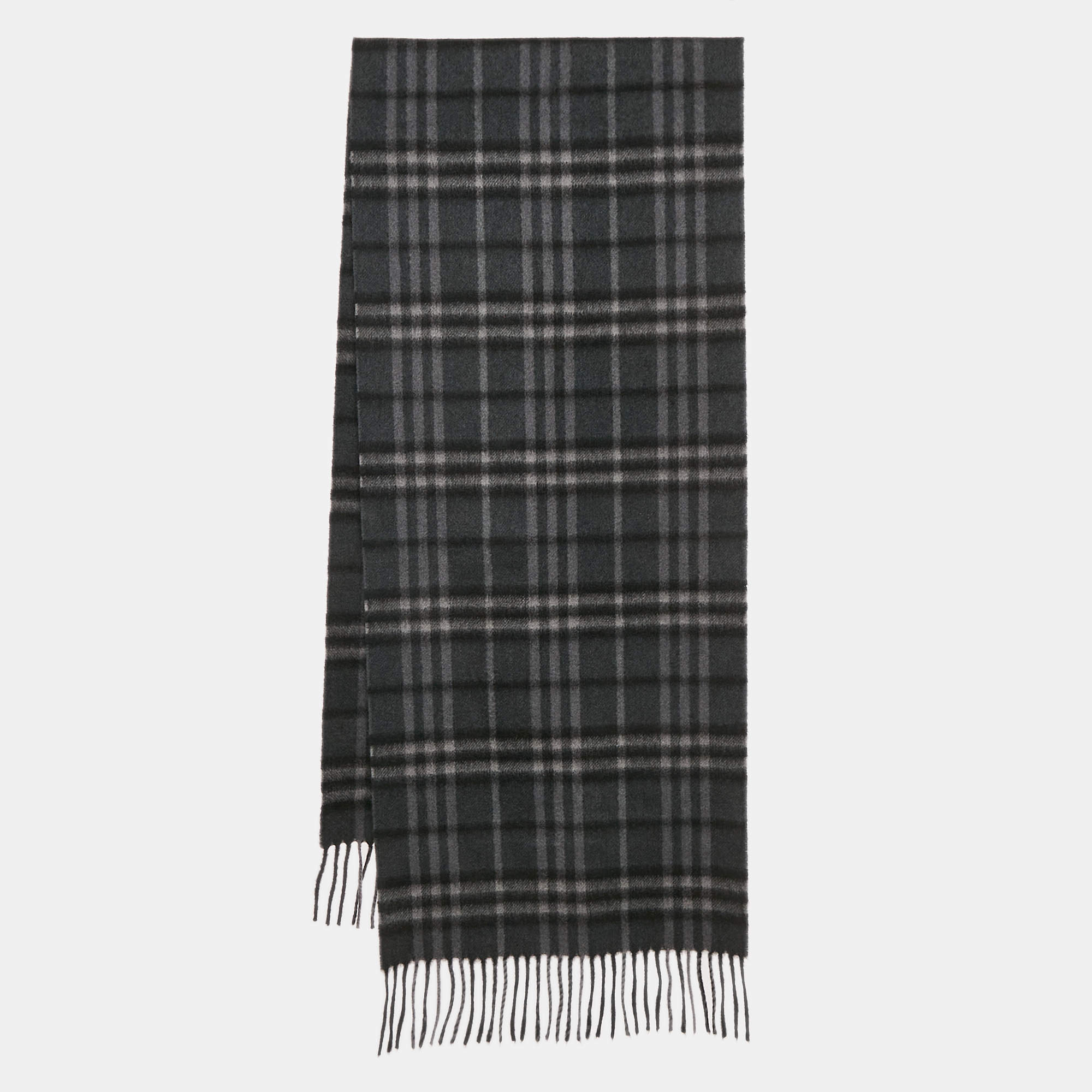 Pre Owned Burberry Dark Grey Checked Cashmere Fringed Stole